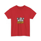 Never Give Up Fitness T-Shirt — Motivational Gym Tee with Dumbbell Graphic