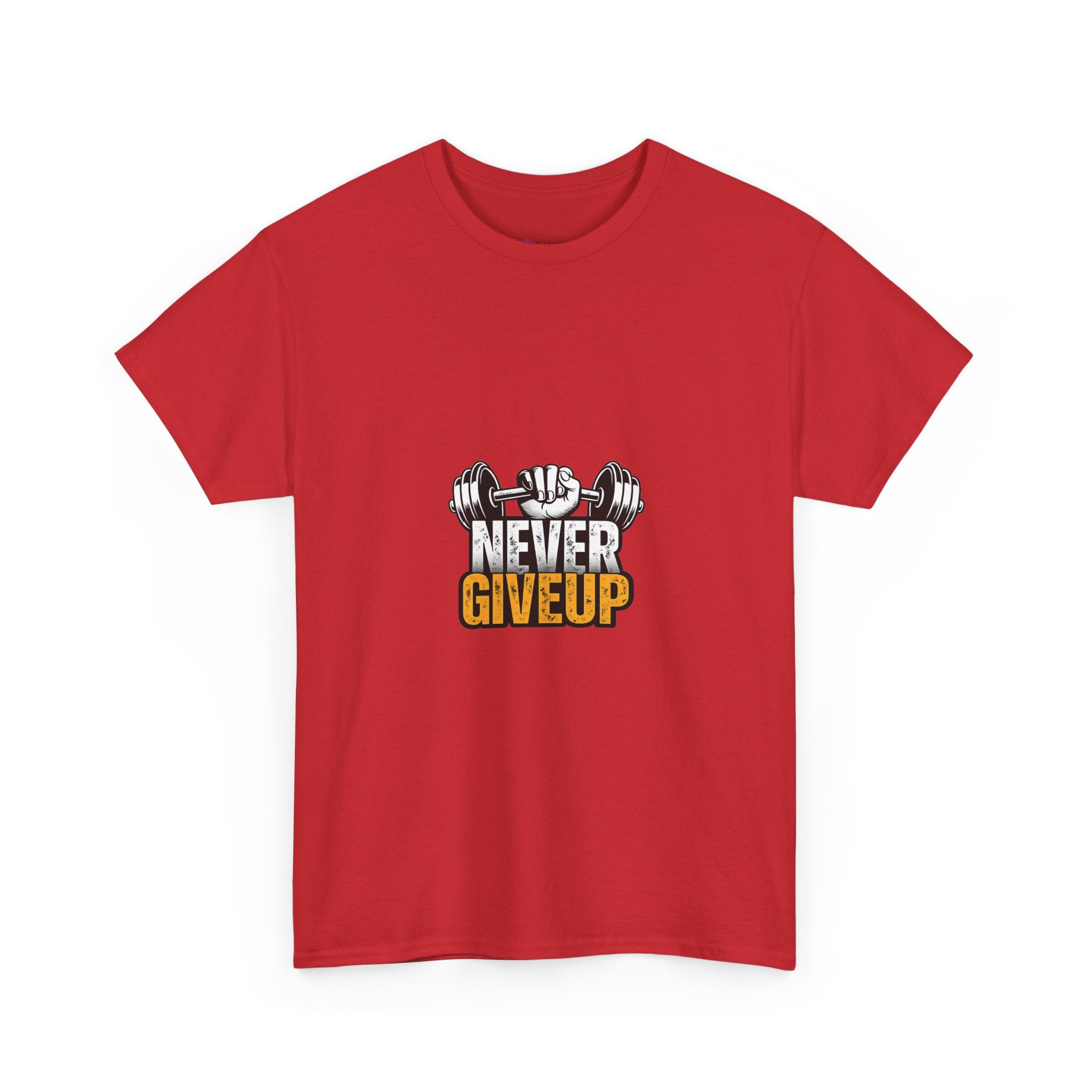 Never Give Up Fitness T-Shirt — Motivational Gym Tee with Dumbbell Graphic