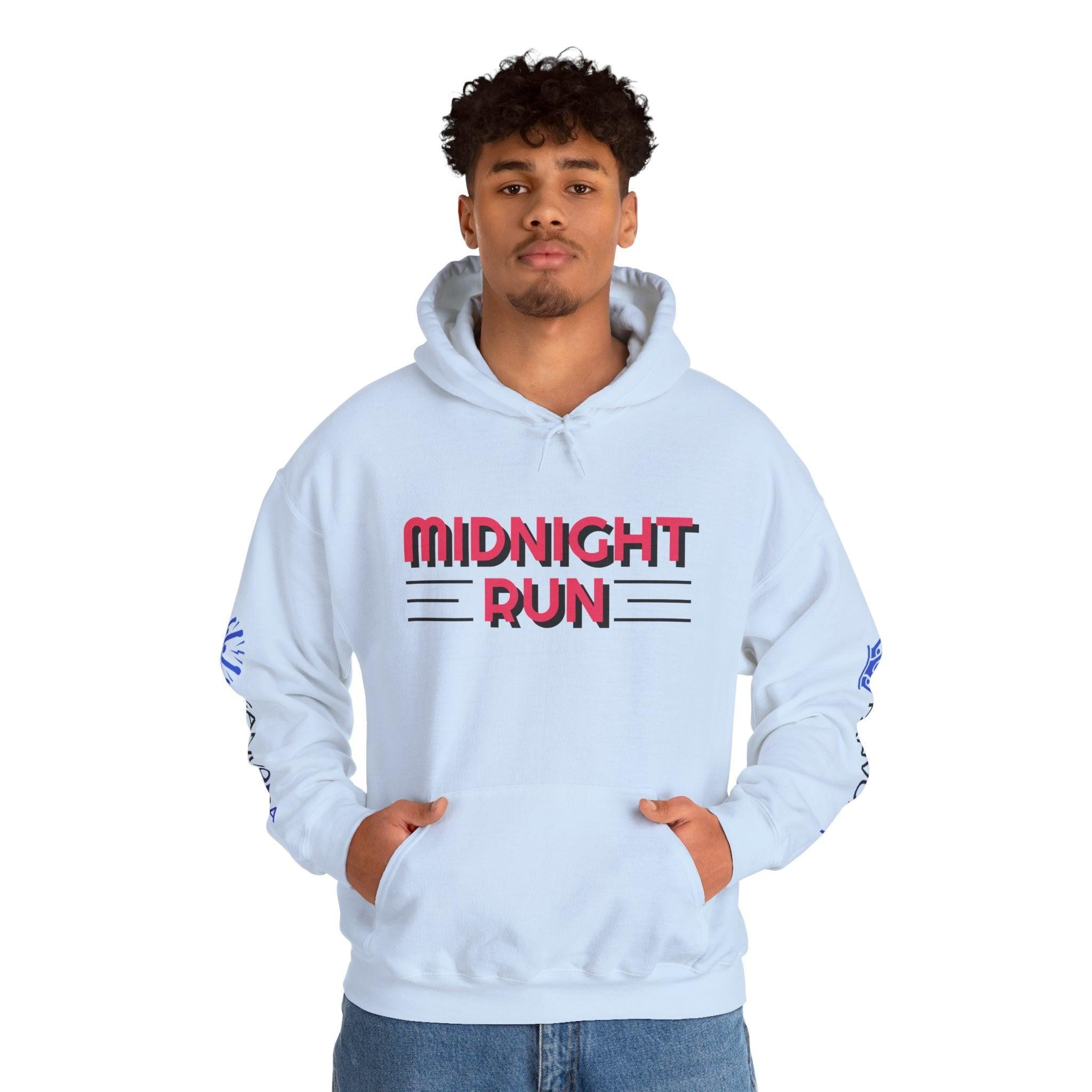 Unisex Midnight Run Hoodie — Retro Palm Beach Graphic Hooded Sweatshirt.