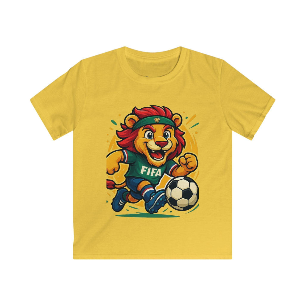 Kids Soccer World Cup 2026 T-Shirt — Playful Lion FIFA Mascot Tee.