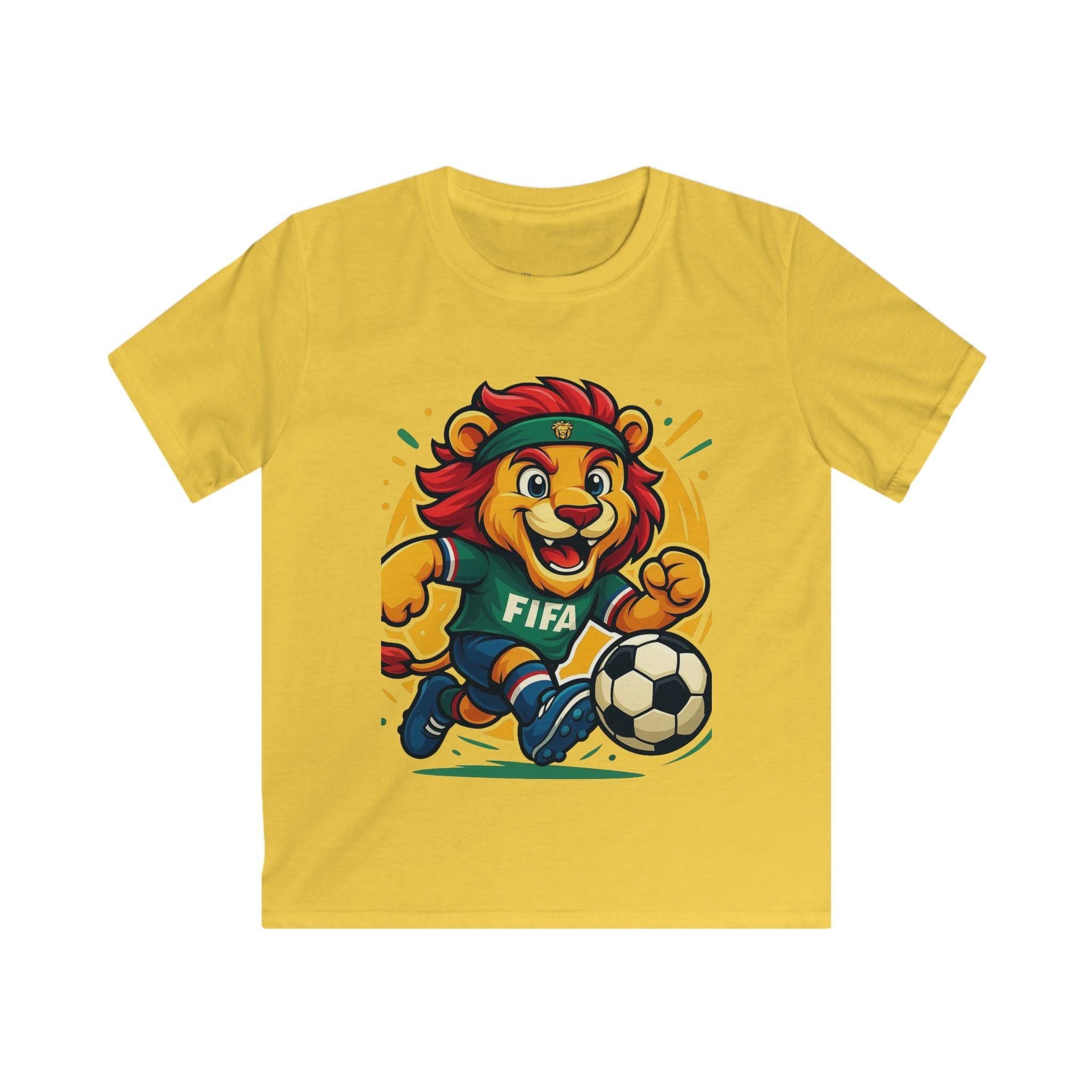 Kids Soccer World Cup 2026 T-Shirt — Playful Lion FIFA Mascot Tee.