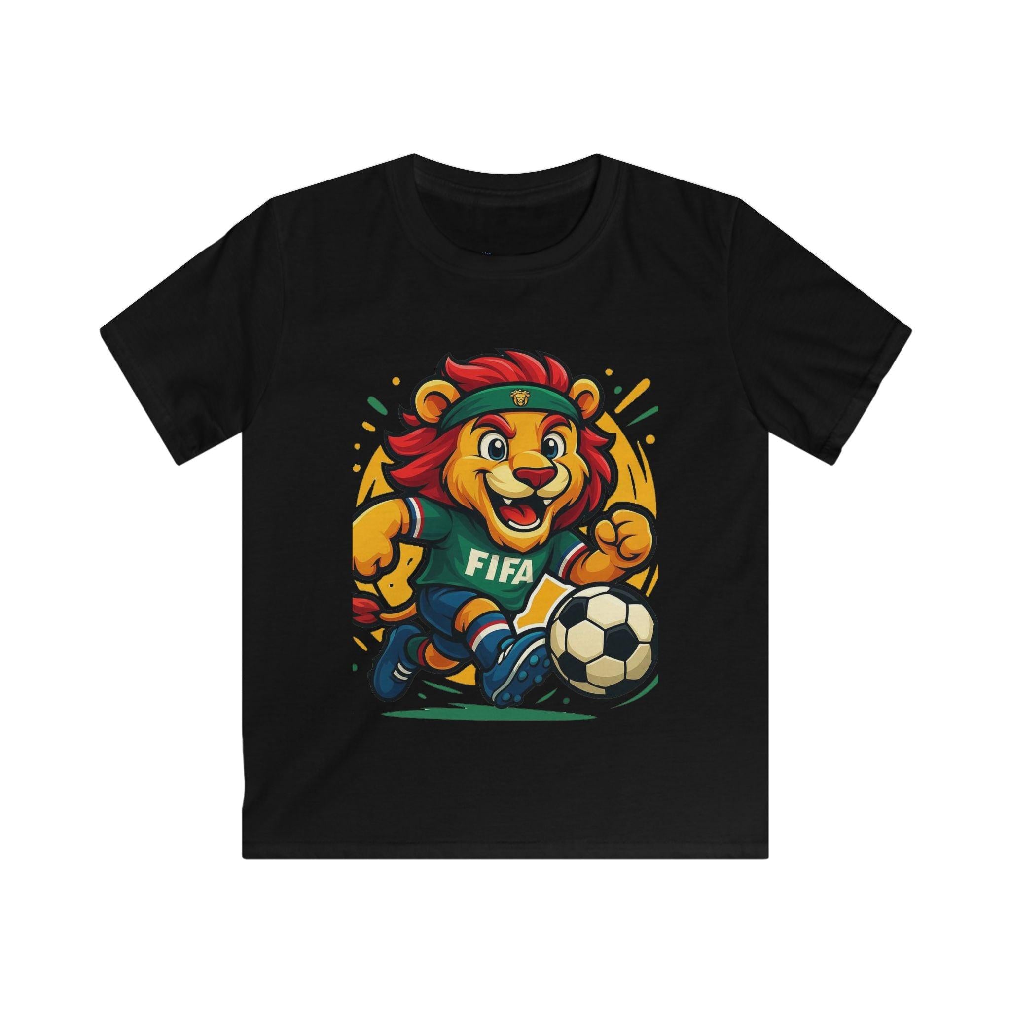 Kids Soccer World Cup 2026 T-Shirt — Playful Lion FIFA Mascot Tee.