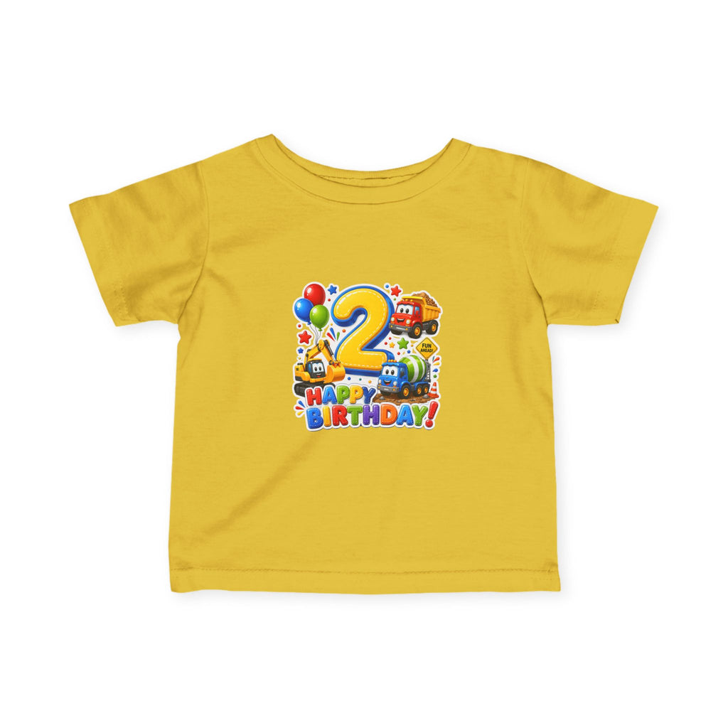 2nd Birthday Infant Tee — Colorful Trucks, Balloons & 'Happy Birthday' Design