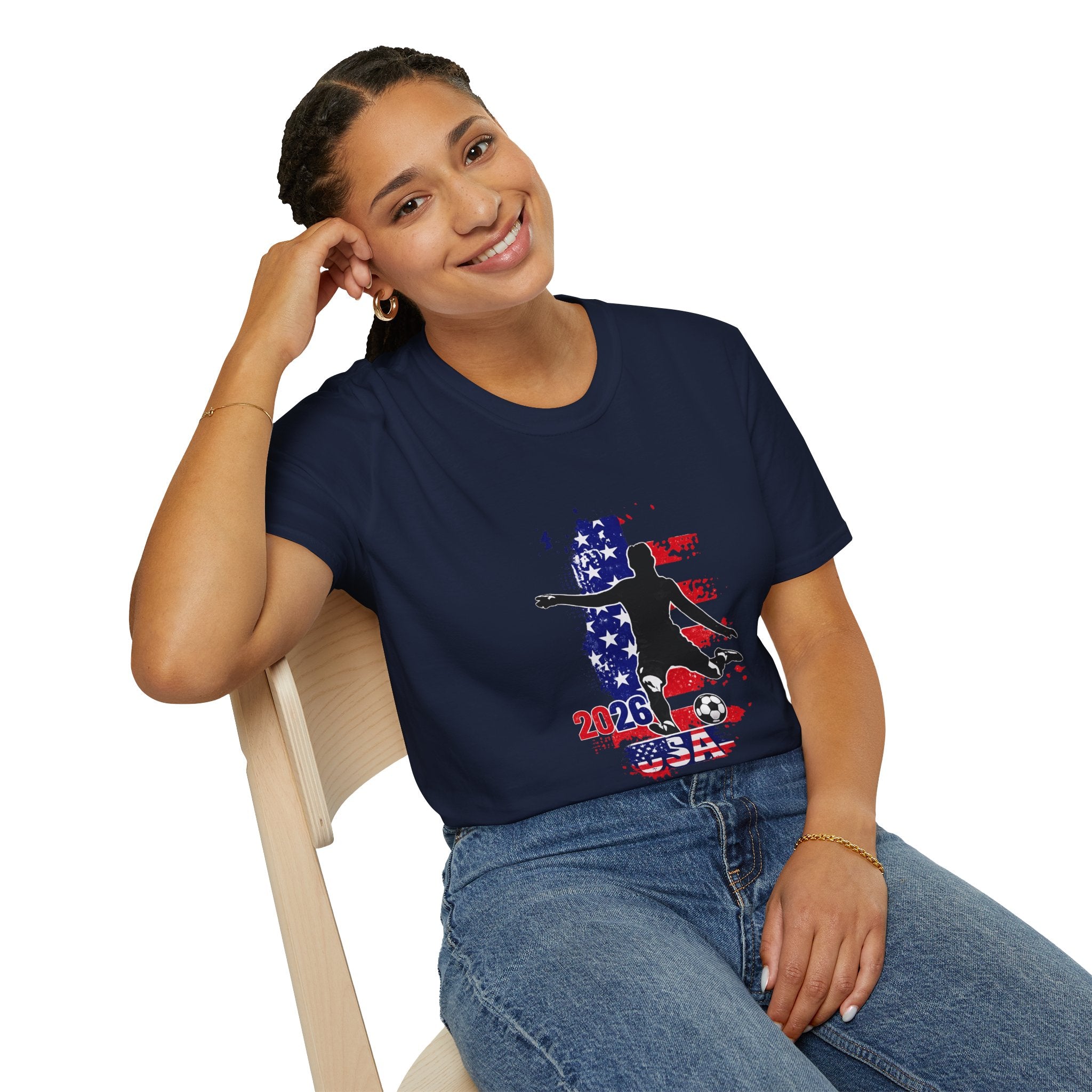 USA Soccer Player Silhouette T-Shirt — American Flag Soccer 2026 Fan Tee