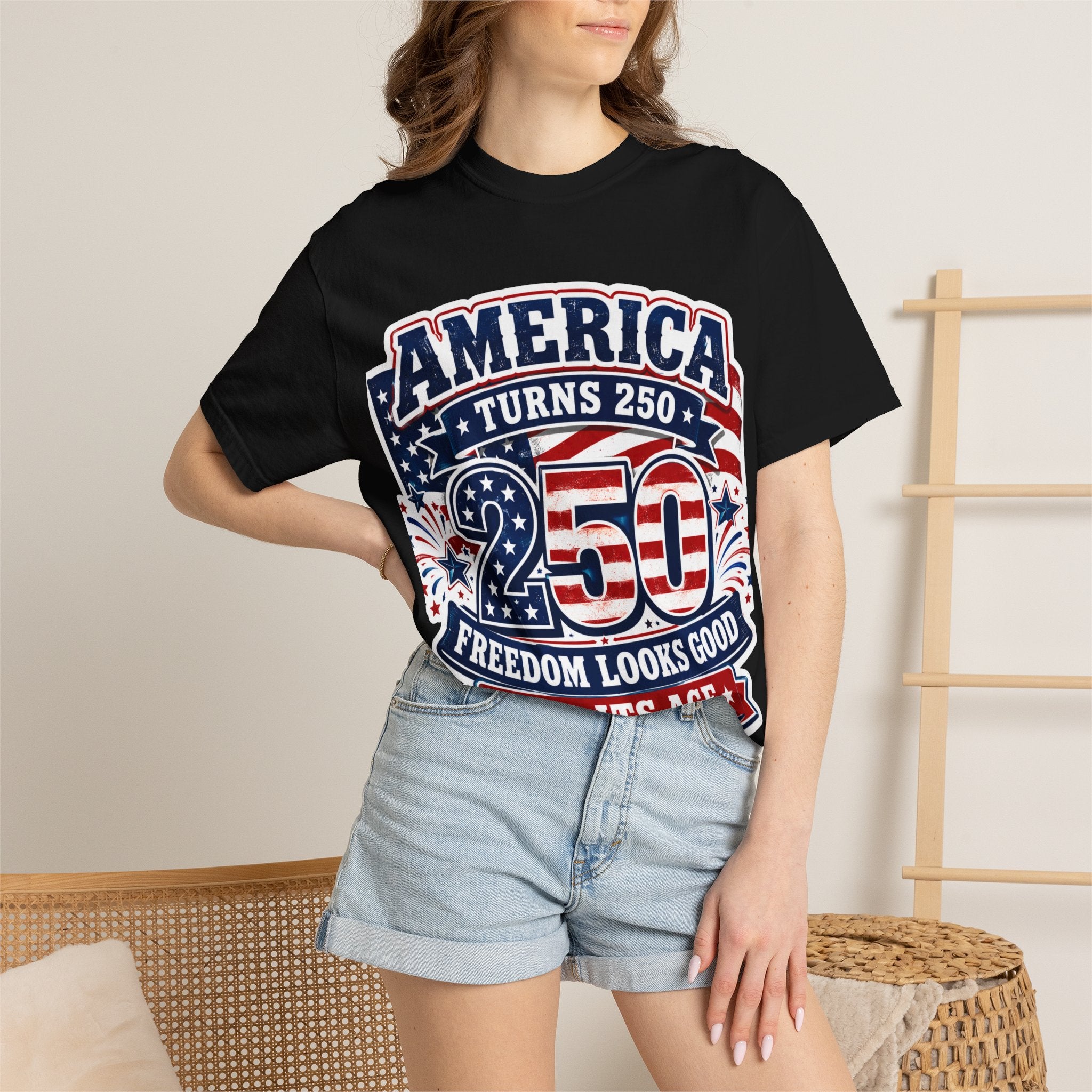 America Turns 250 T-Shirt – "Freedom Looks Good For Its Age" Patriotic 4th of July Tee