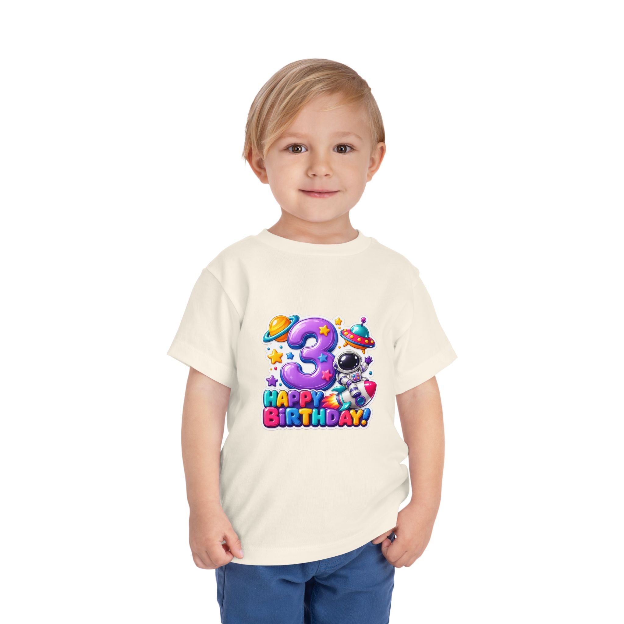 3rd Birthday Toddler Tee — Space Astronaut "Happy Birthday" Shirt