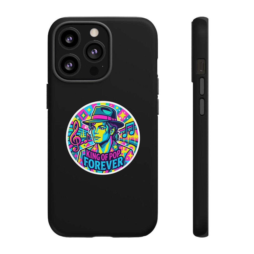 Matte Black iPhone Tough Cases 12 to 17 Pro Max  — "King of Pop Forever" Retro Pop Art Phone Case.