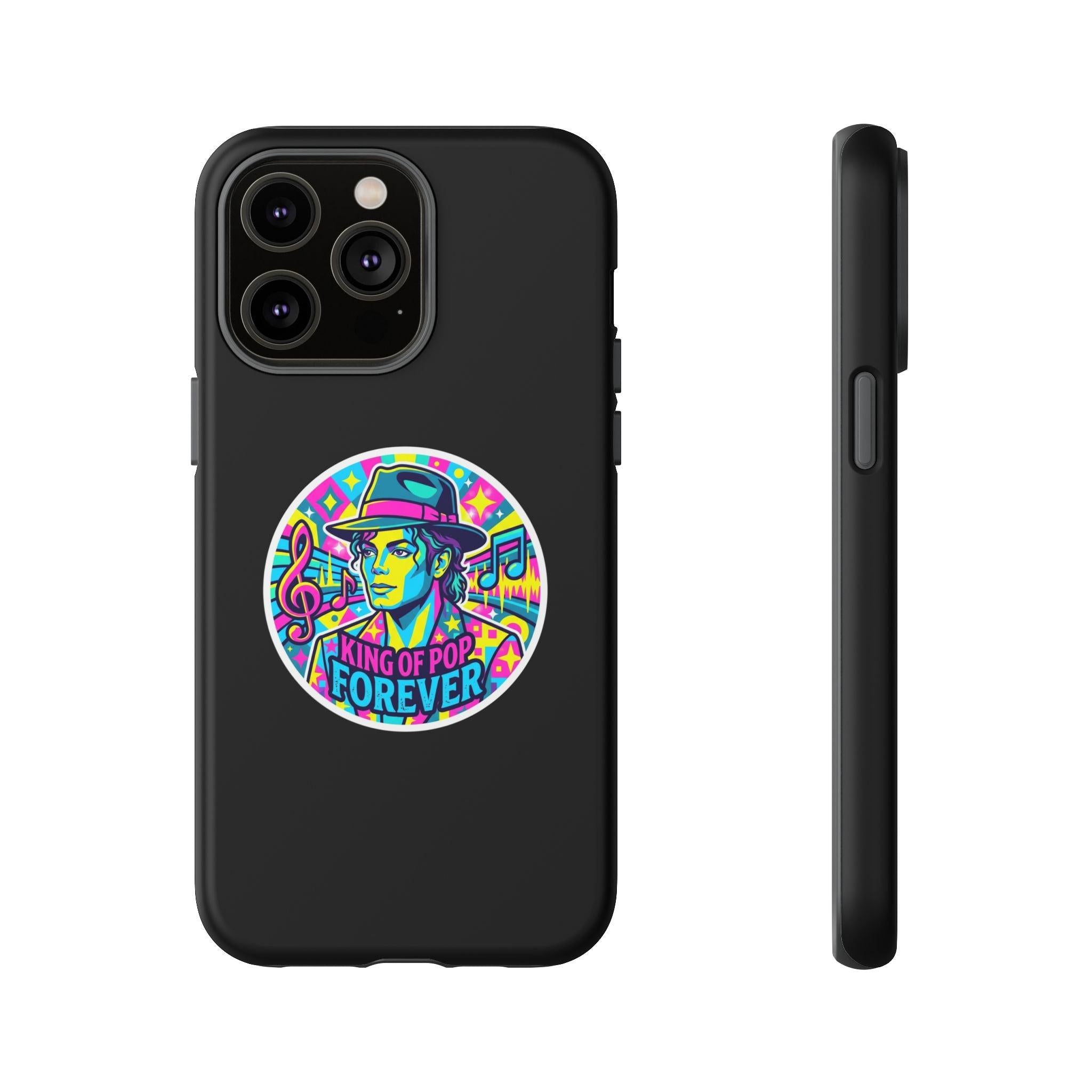 Matte Black iPhone Tough Cases 12 to 17 Pro Max  — "King of Pop Forever" Retro Pop Art Phone Case.