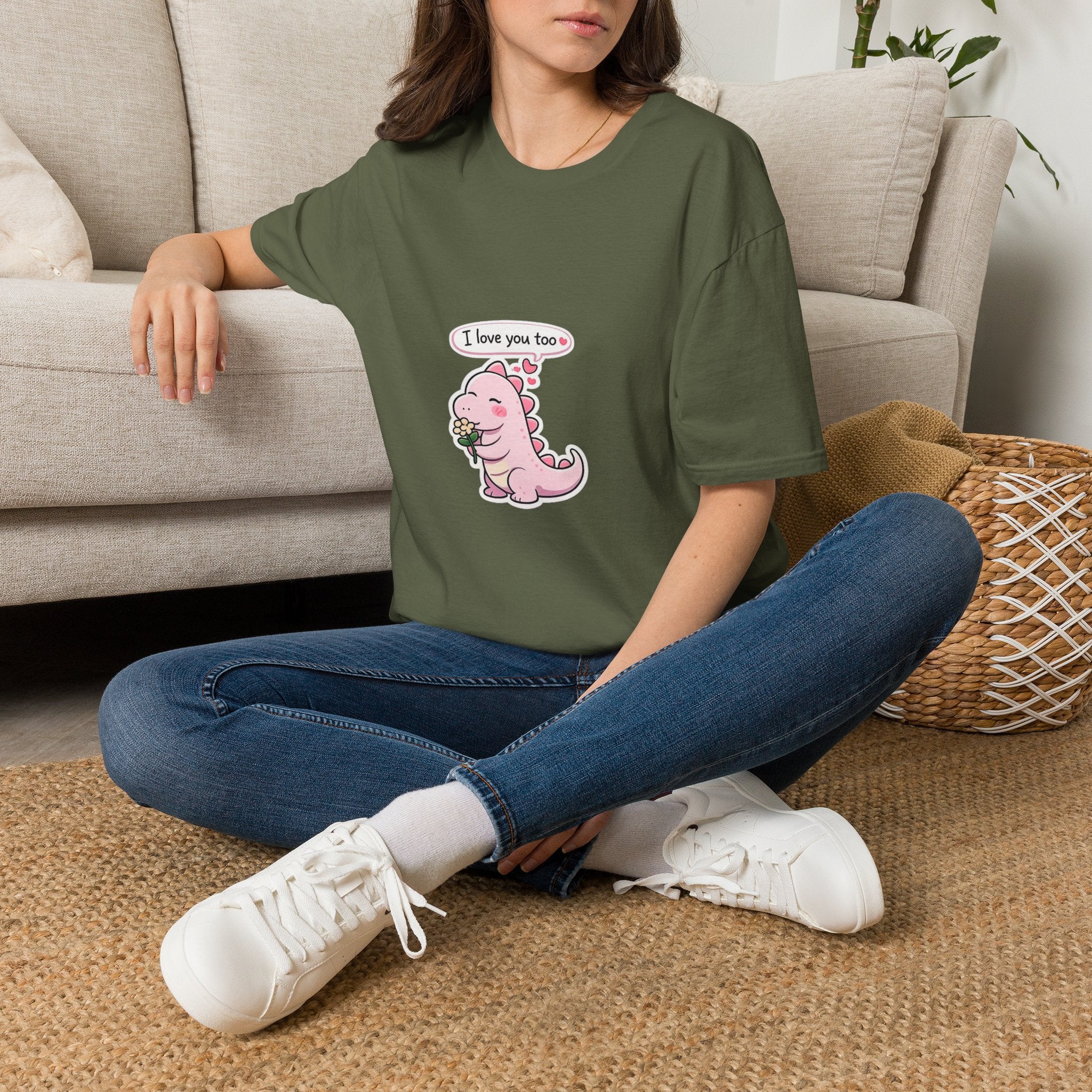 Cute Pink Dino T‑Shirt — "I love you too" Valentine Tee