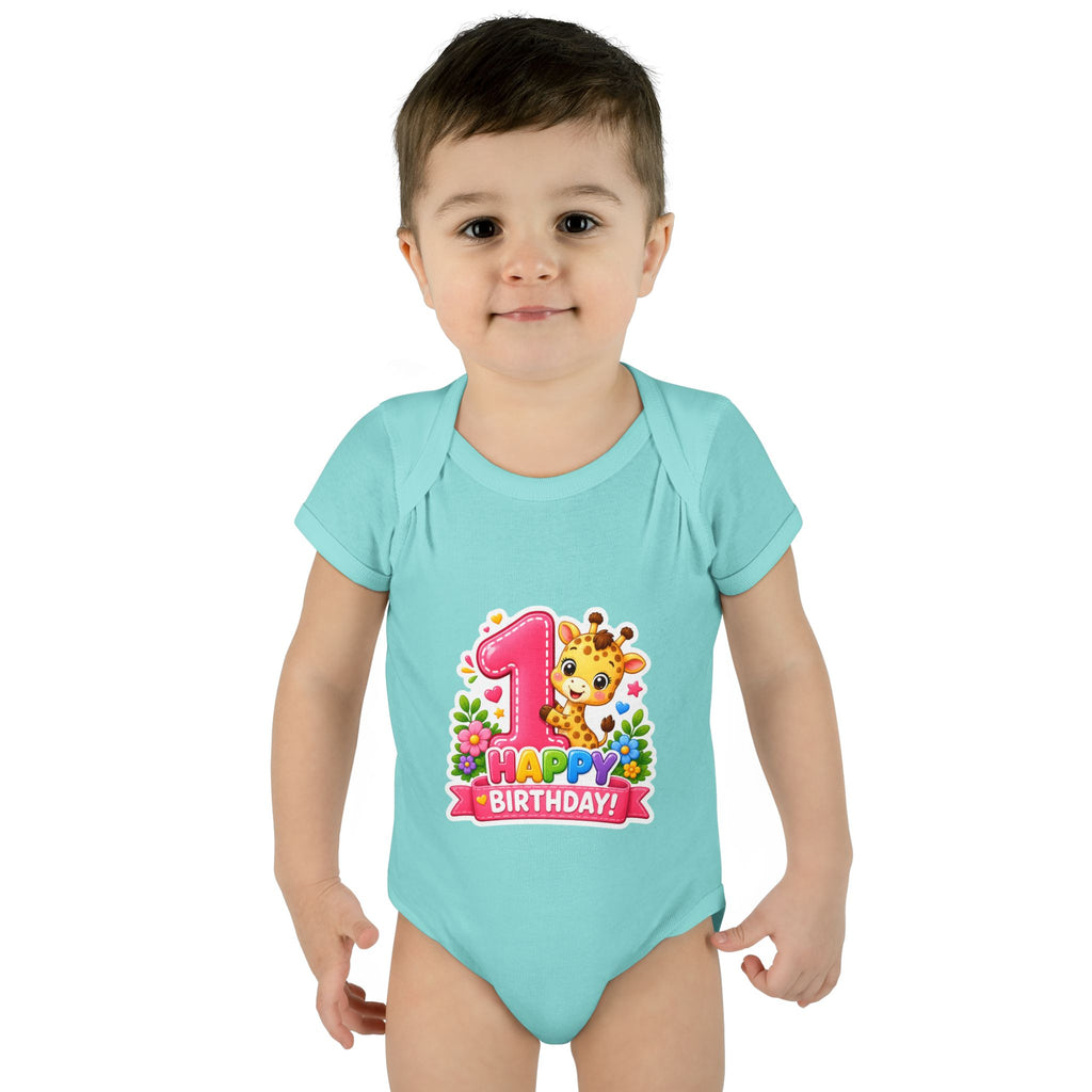 1st Birthday Baby Bodysuit - Happy Birthday Giraffe Onesie