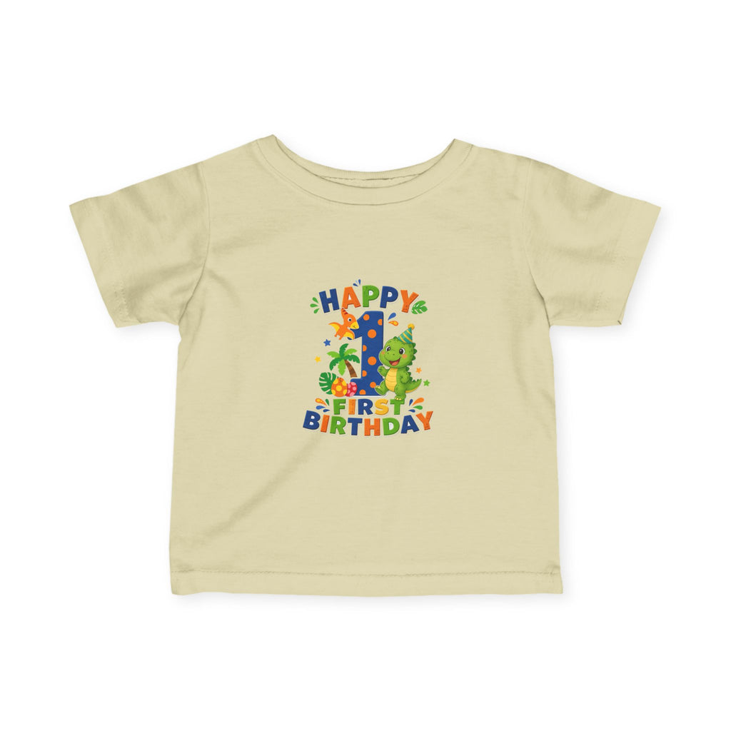 Happy 1st Birthday Infant Tee — Colorful Dino First Birthday Shirt