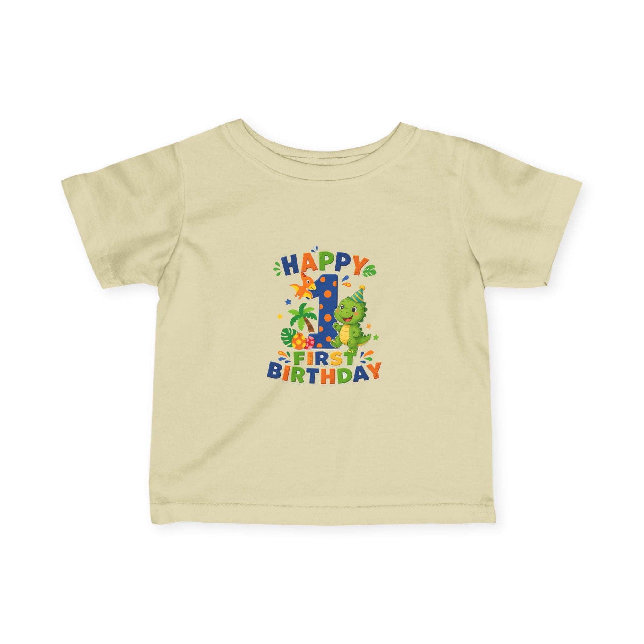 Happy 1st Birthday Infant Tee — Colorful Dino First Birthday Shirt