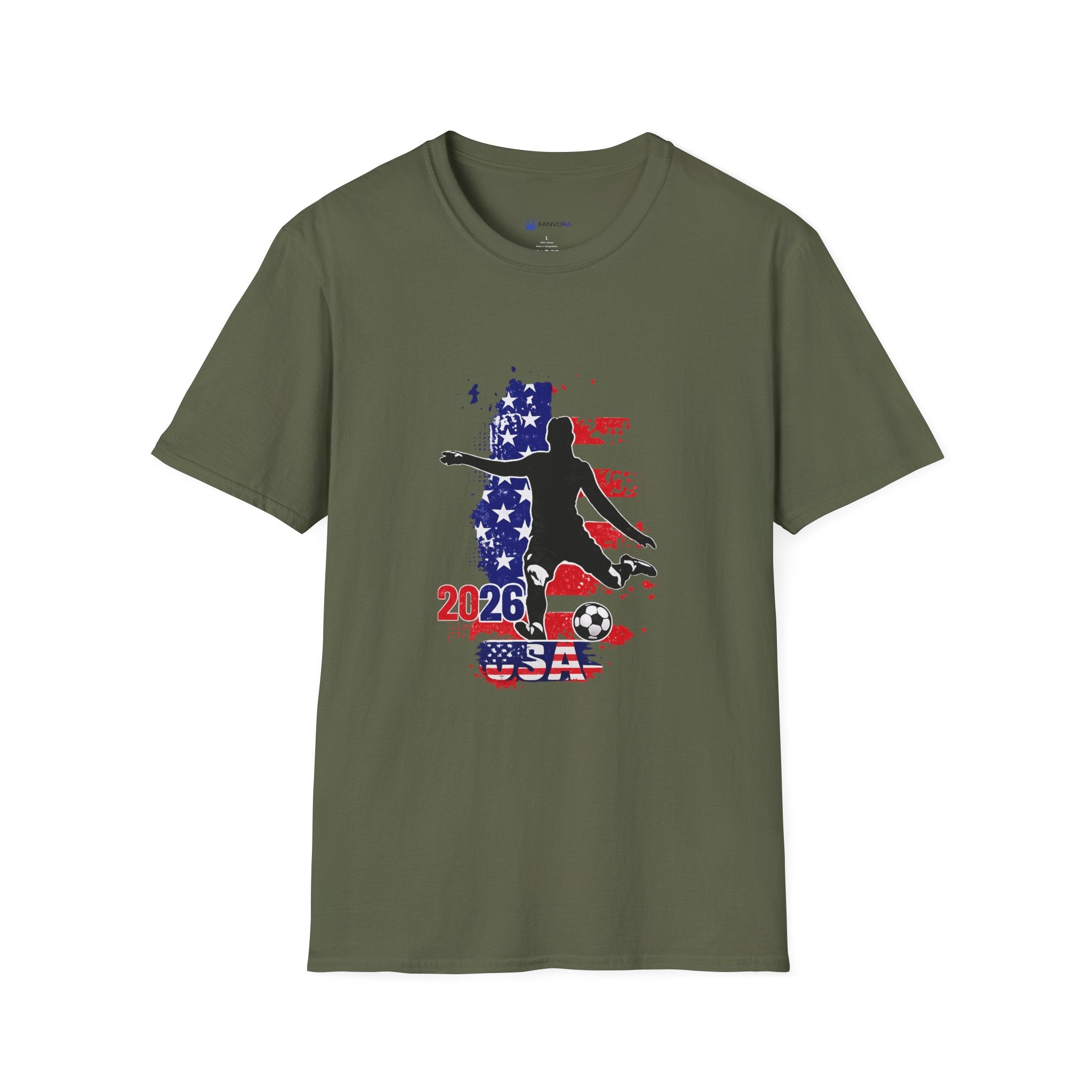 USA Soccer Player Silhouette T-Shirt — American Flag Soccer 2026 Fan Tee