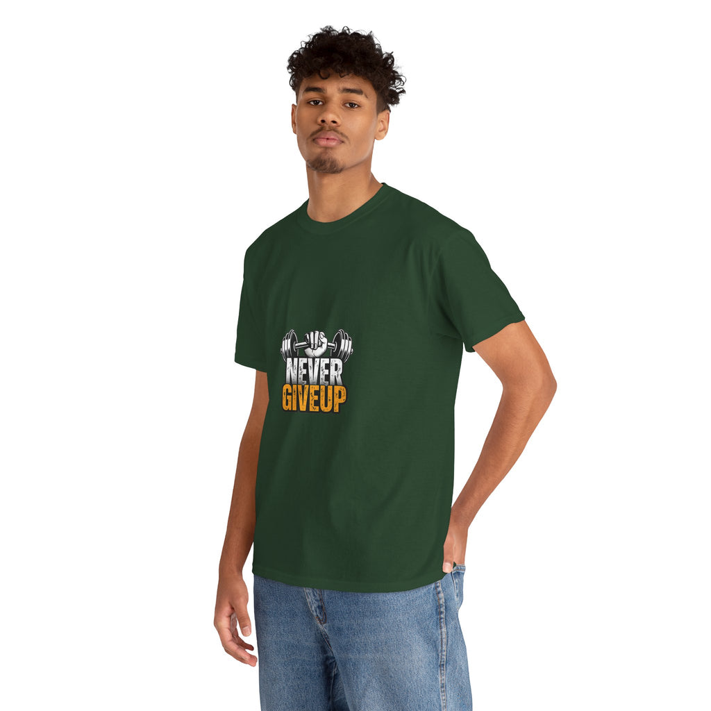 Never Give Up Fitness T-Shirt — Motivational Gym Tee with Dumbbell Graphic