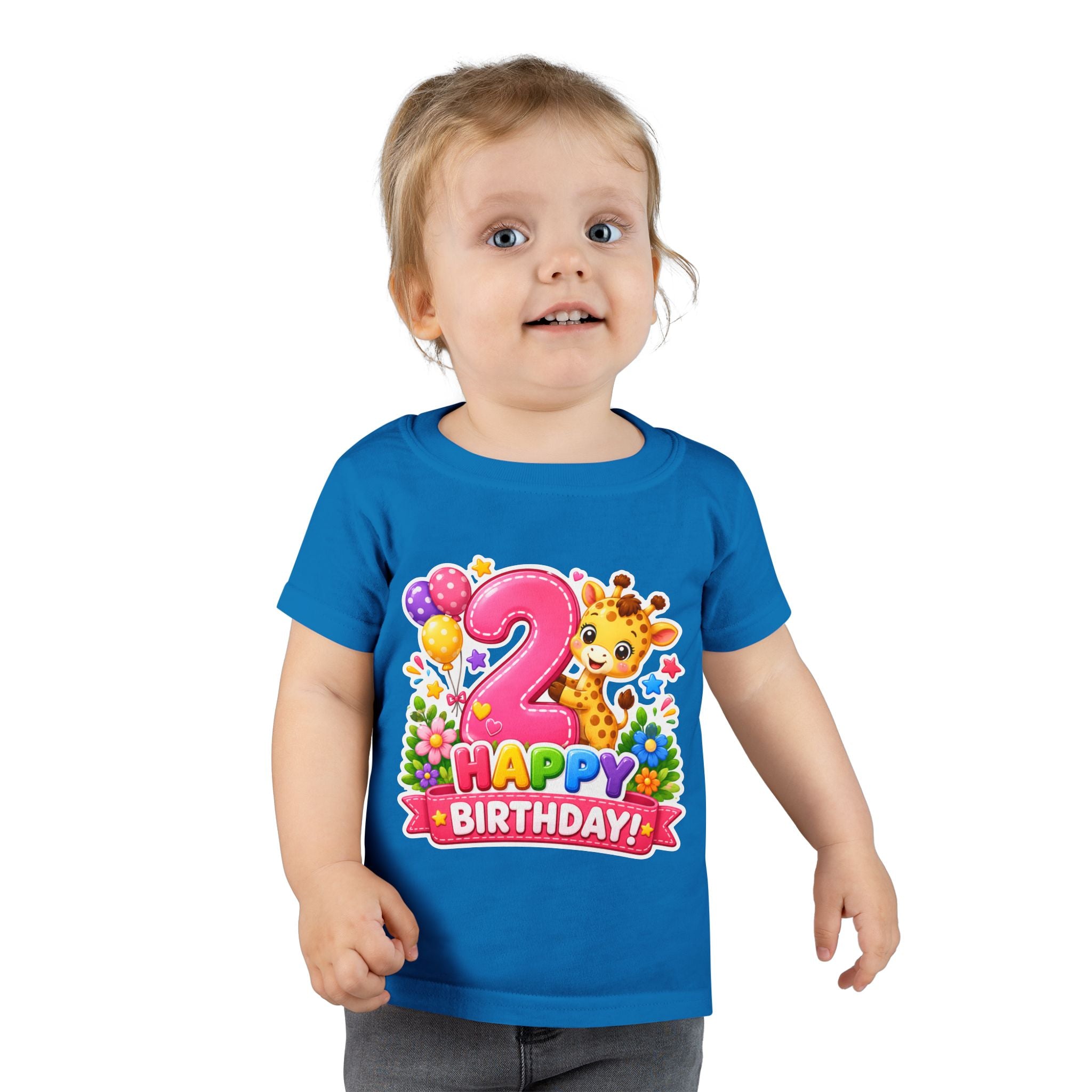 2nd Birthday Toddler T-Shirt — Cute Giraffe "Happy Birthday" Design