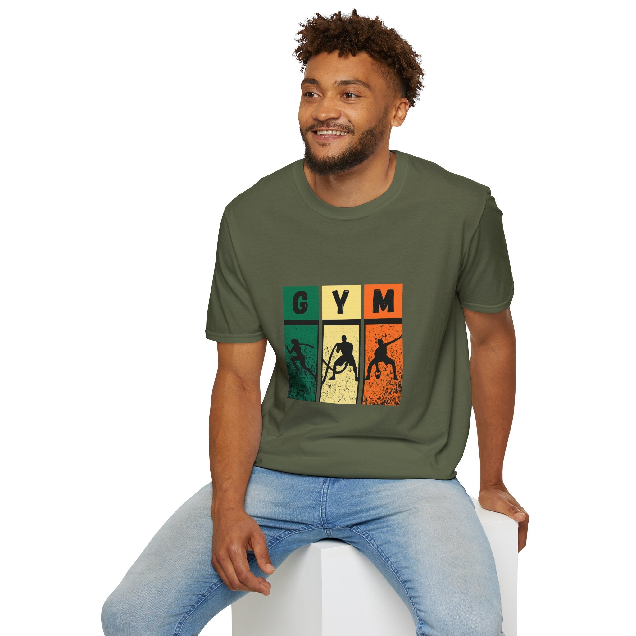 Gym Retro Blocks T‑Shirt — Vintage Fitness Silhouette Tee