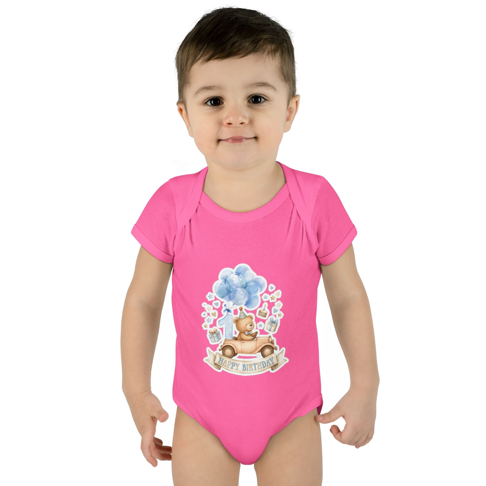 Baby Bodysuit - Blue Teddy Bear with Balloons "Happy Birthday" Infant Onesie