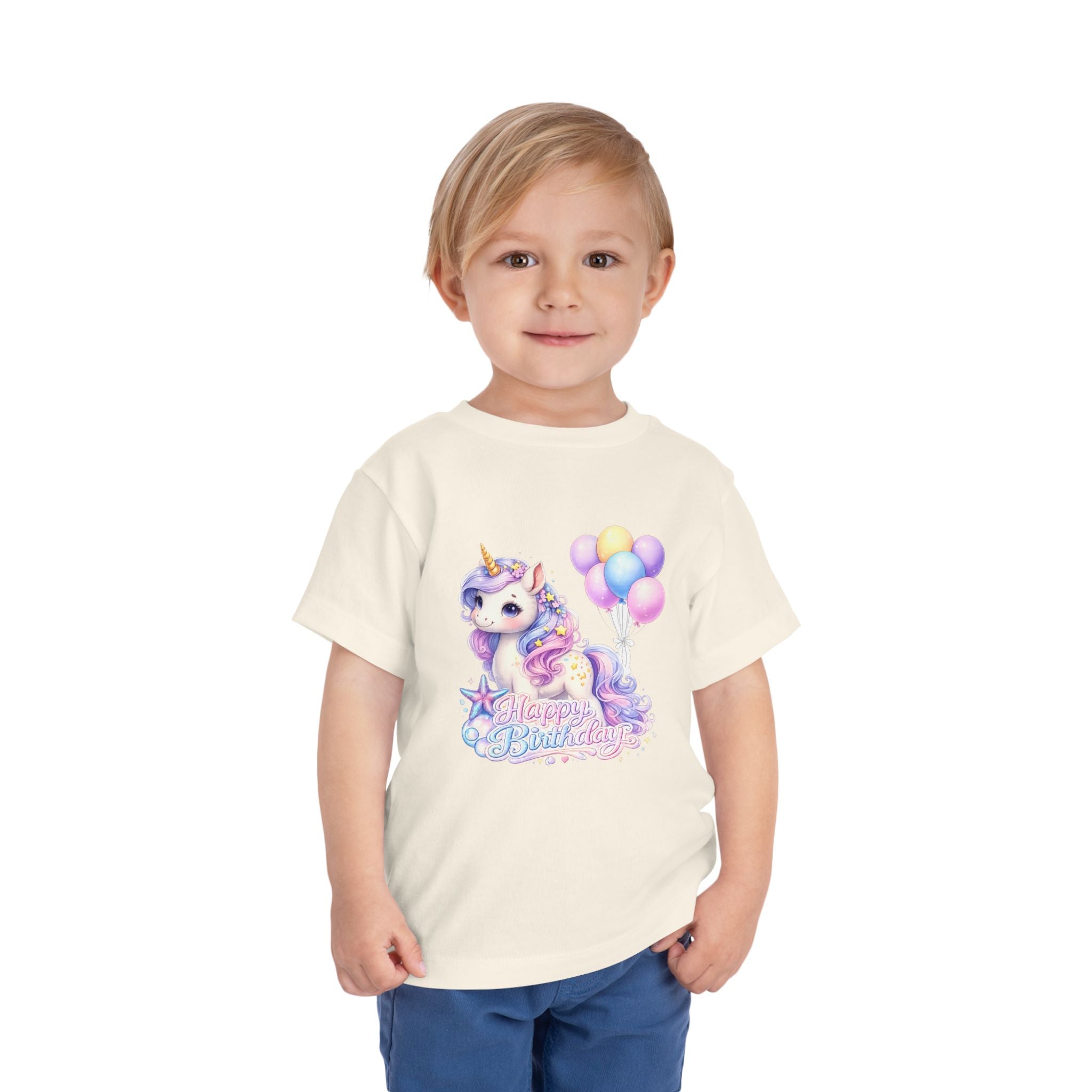 Toddler Tee — Pastel Unicorn "Happy Birthday" Shirt with Balloons