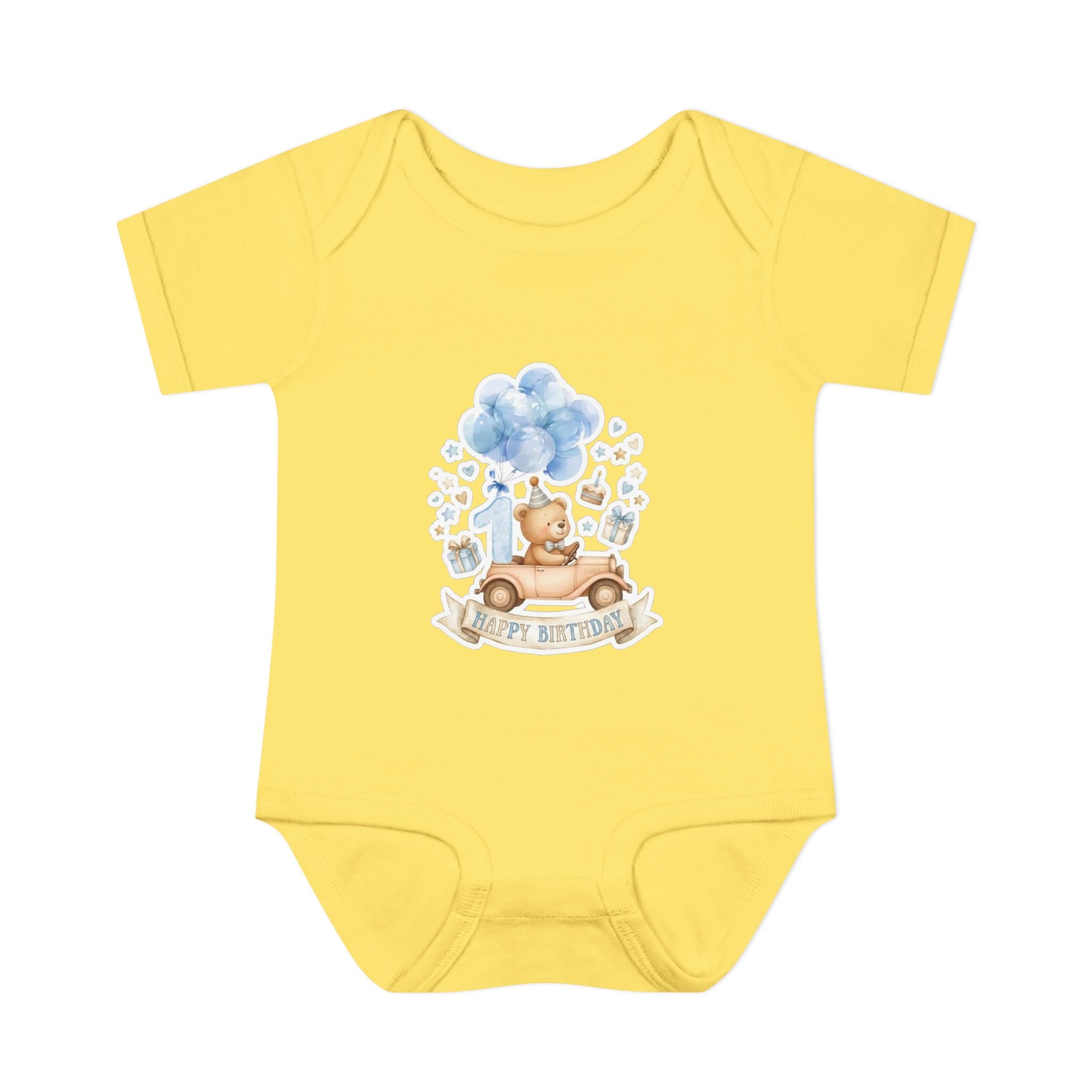 Baby Bodysuit - Blue Teddy Bear with Balloons "Happy Birthday" Infant Onesie