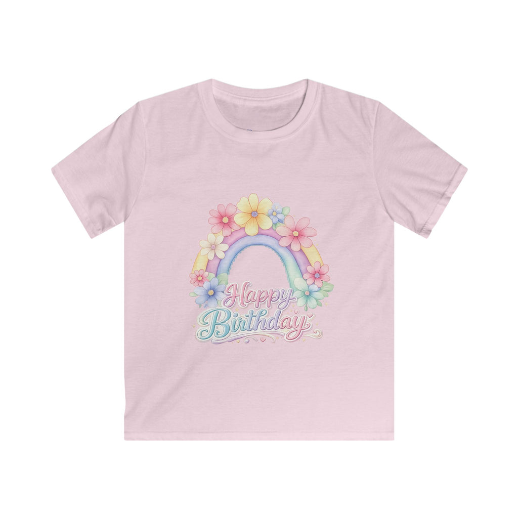 Kids Tee — Pastel Rainbow "Happy Birthday" Floral Design