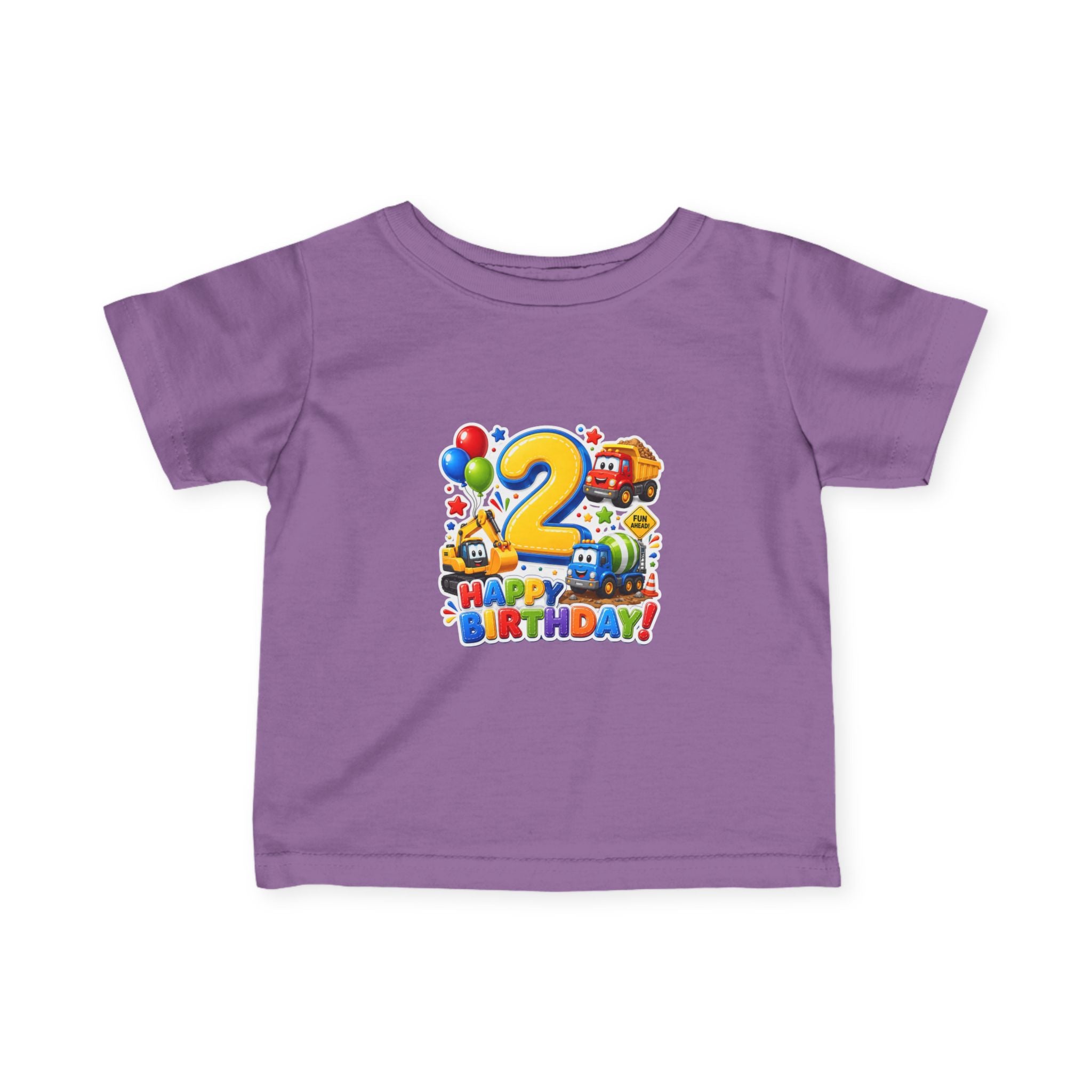 2nd Birthday Infant Tee — Colorful Trucks, Balloons & 'Happy Birthday' Design