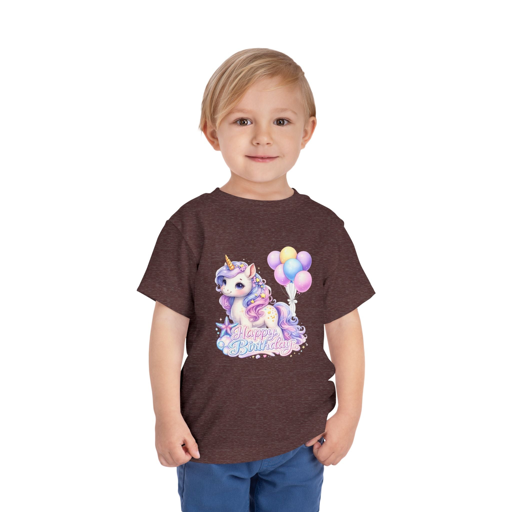 Toddler Tee — Pastel Unicorn "Happy Birthday" Shirt with Balloons