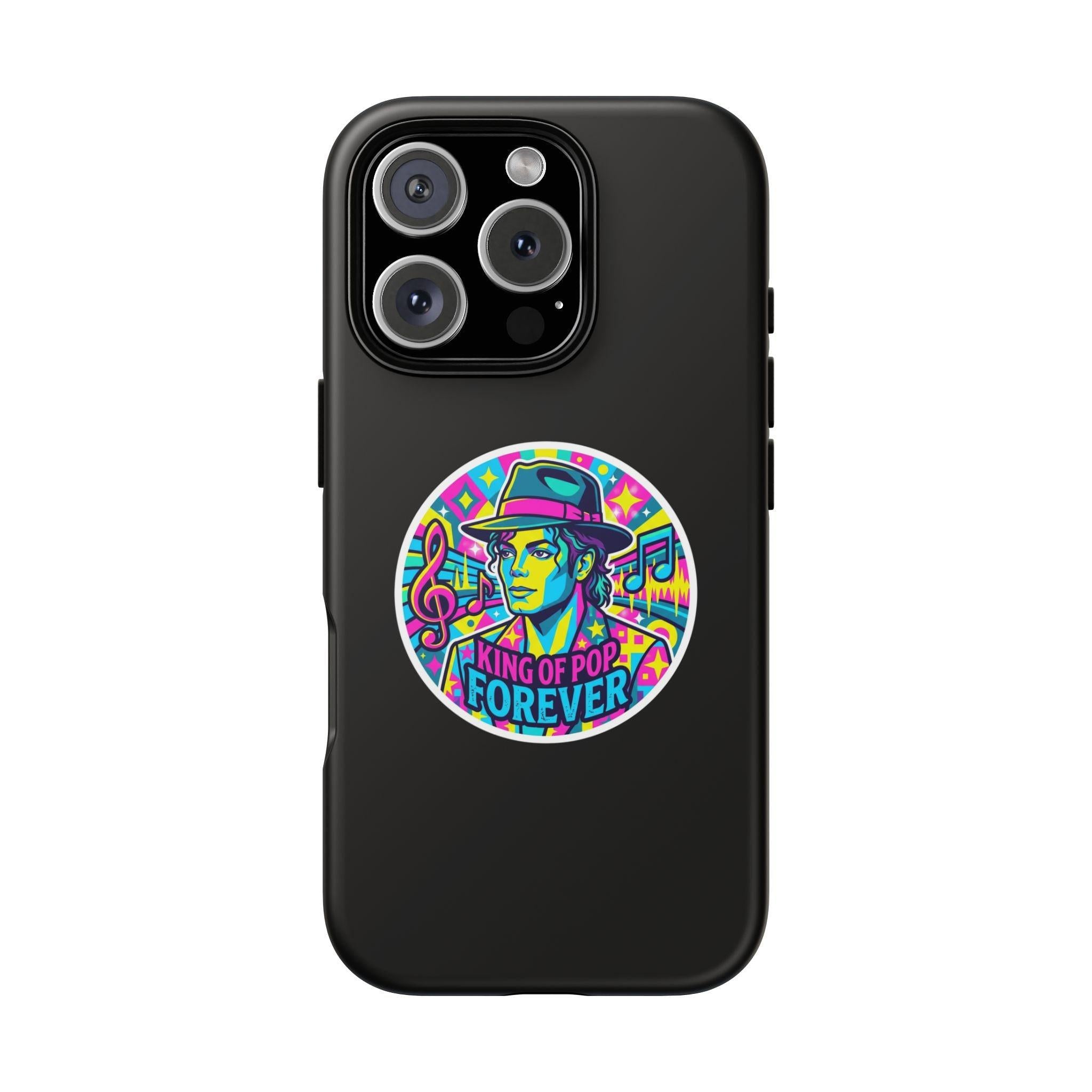 Matte Black iPhone Tough Cases 12 to 17 Pro Max  — "King of Pop Forever" Retro Pop Art Phone Case