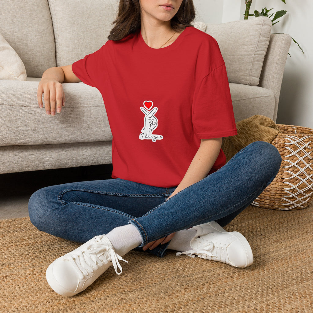 T-Shirt — Minimal Korean Finger Heart Design with 'I Love You' Pocket Graphic