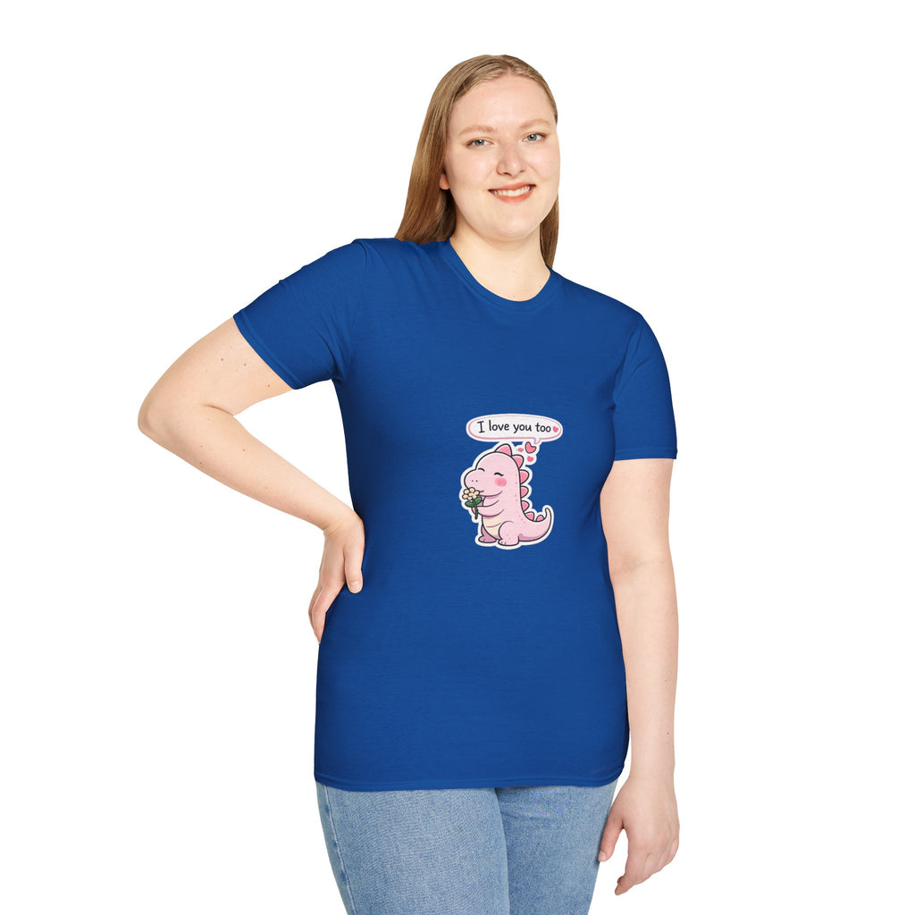 Cute Pink Dino T‑Shirt — "I love you too" Valentine Tee