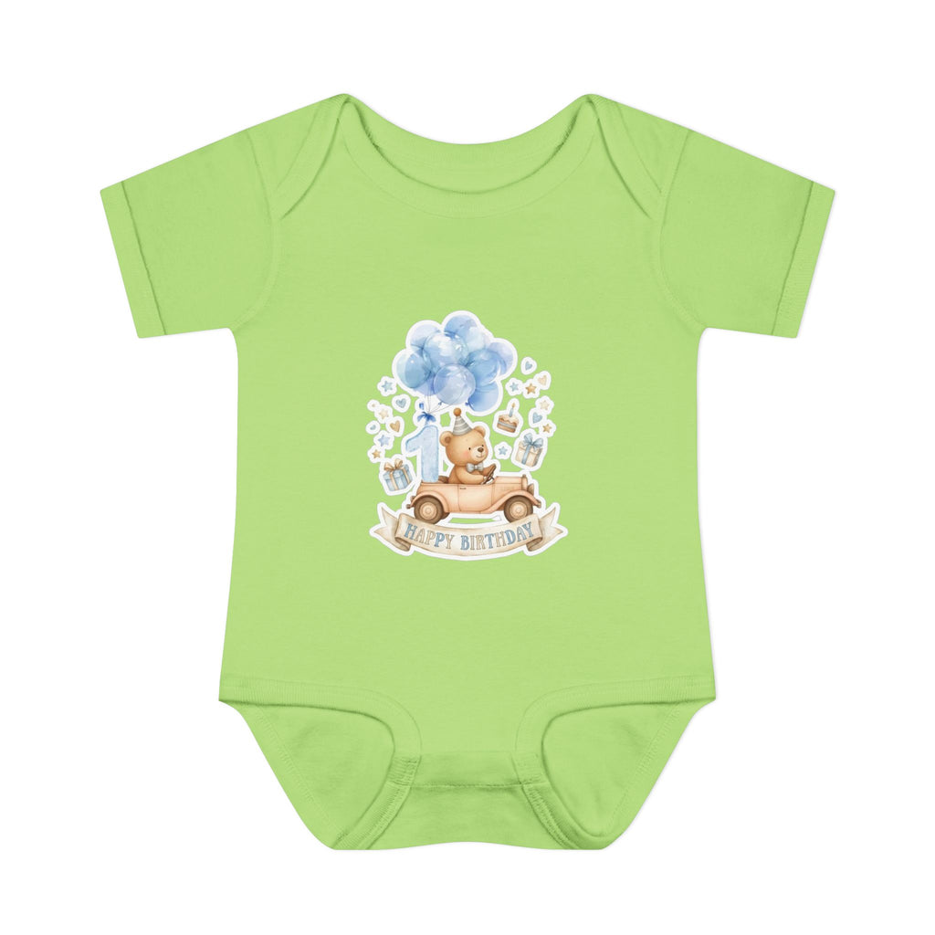 Baby Bodysuit - Blue Teddy Bear with Balloons "Happy Birthday" Infant Onesie