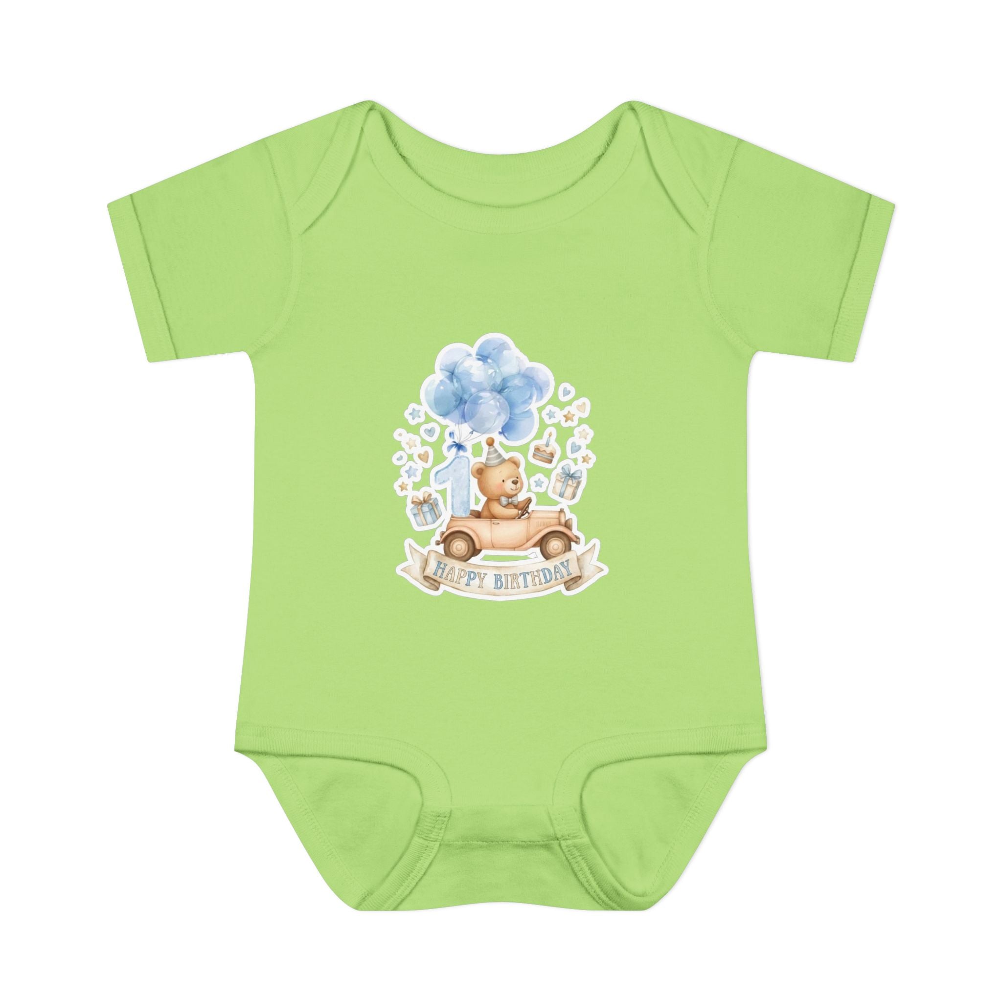Baby Bodysuit - Blue Teddy Bear with Balloons "Happy Birthday" Infant Onesie