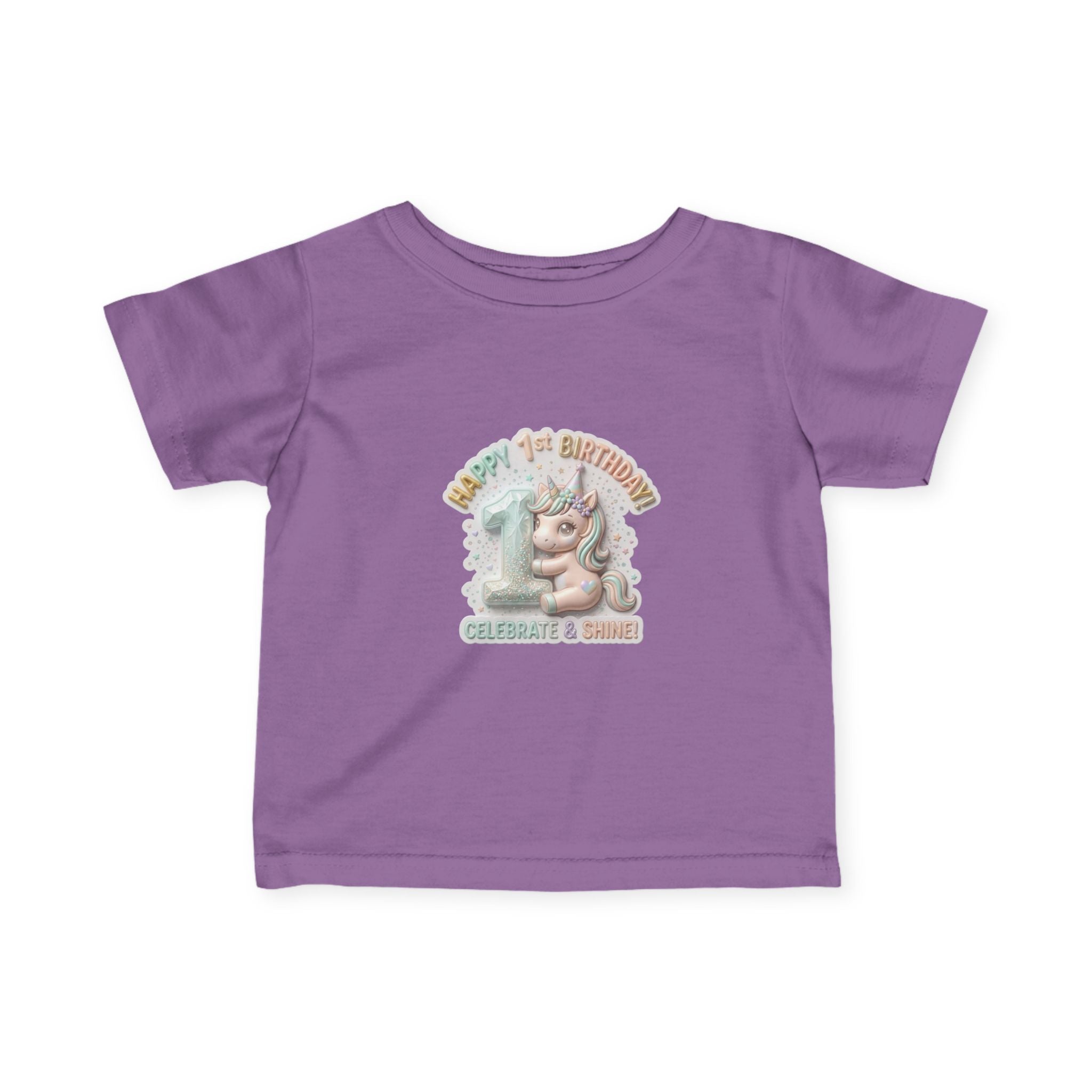 Infant Tee — 'Happy 1st Birthday' Pastel Unicorn Celebrate & Share