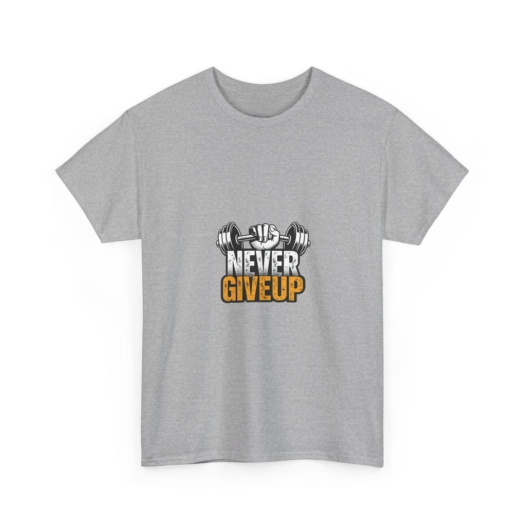 Never Give Up Fitness T-Shirt — Motivational Gym Tee with Dumbbell Graphic