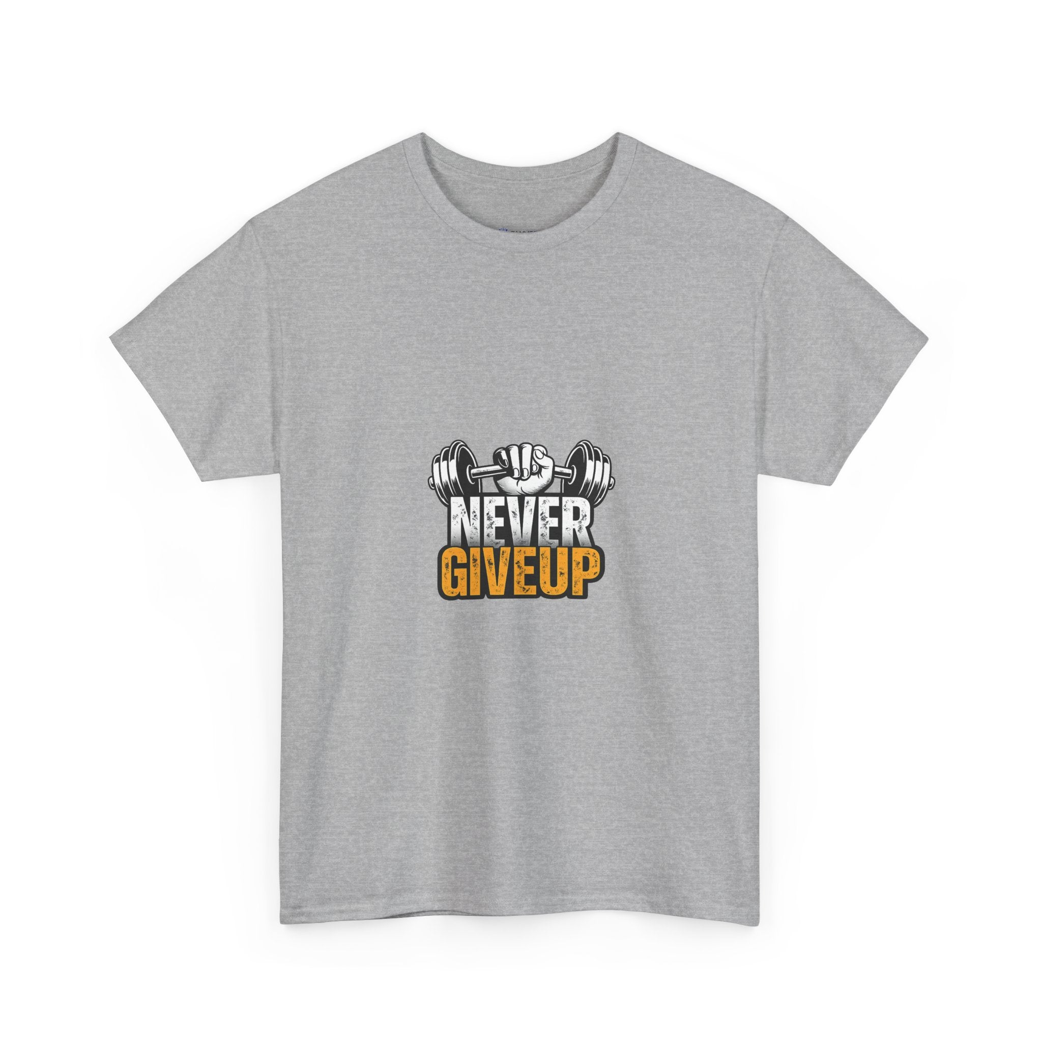 Never Give Up Fitness T-Shirt — Motivational Gym Tee with Dumbbell Graphic