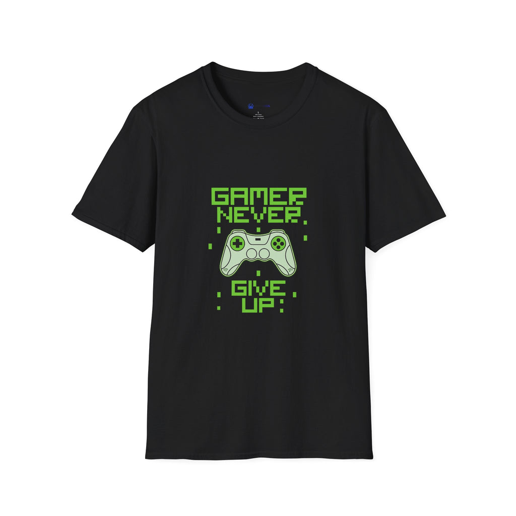 Gamer Never Give Up T-Shirt — Retro Pixel Controller Gaming Tee