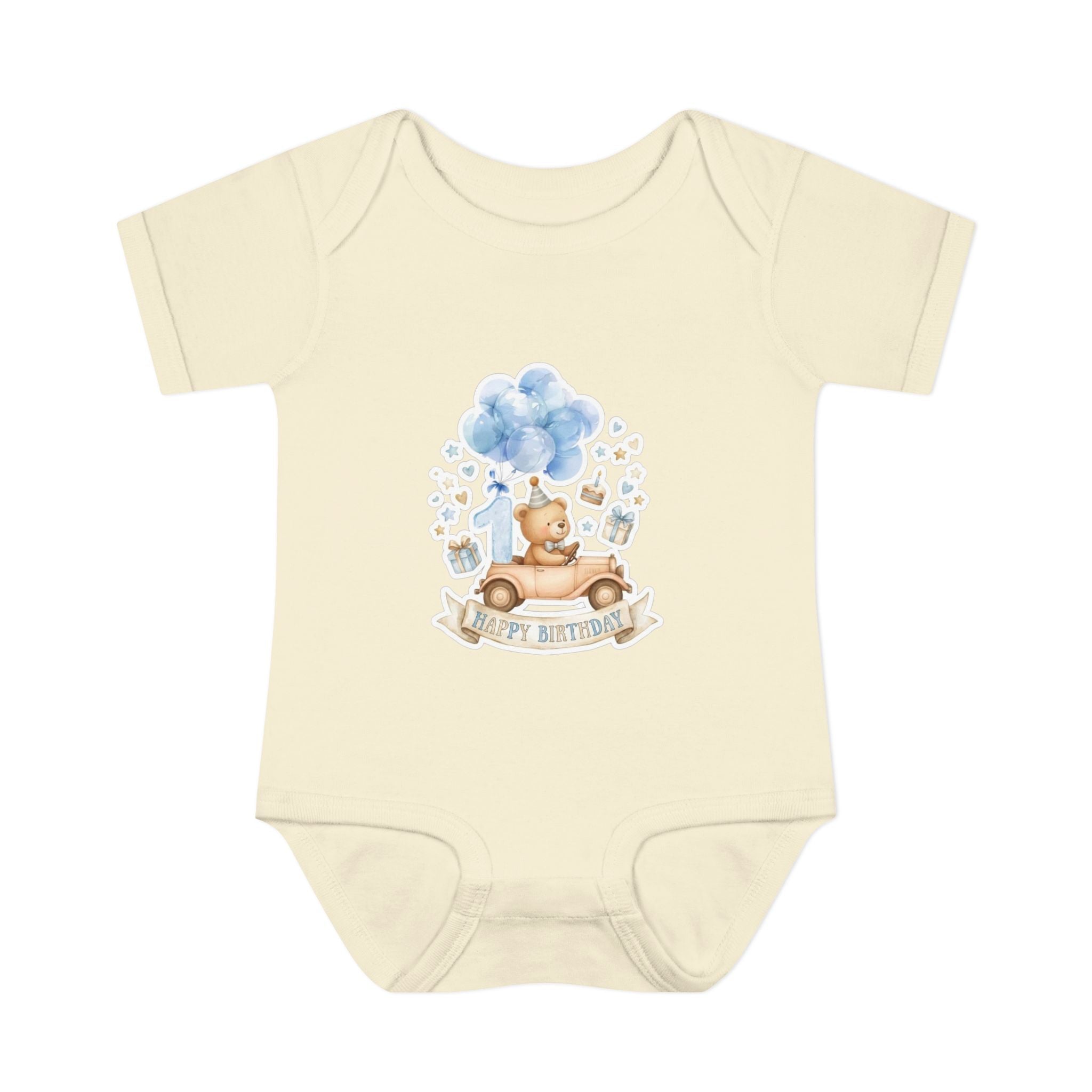 Baby Bodysuit - Blue Teddy Bear with Balloons "Happy Birthday" Infant Onesie
