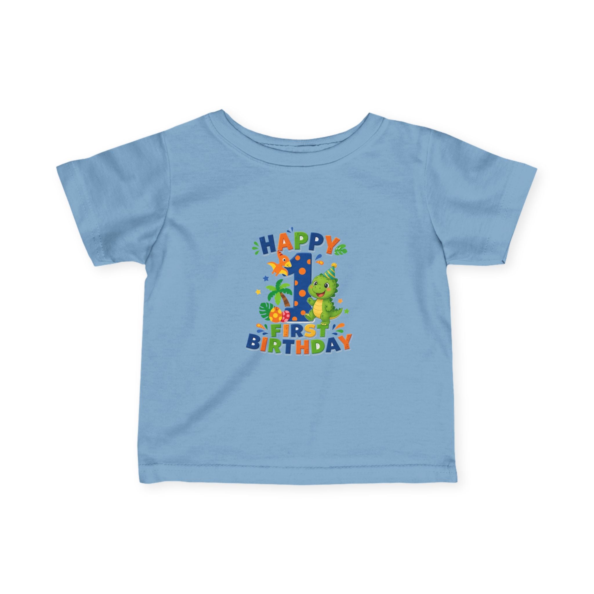 Happy 1st Birthday Infant Tee — Colorful Dino First Birthday Shirt