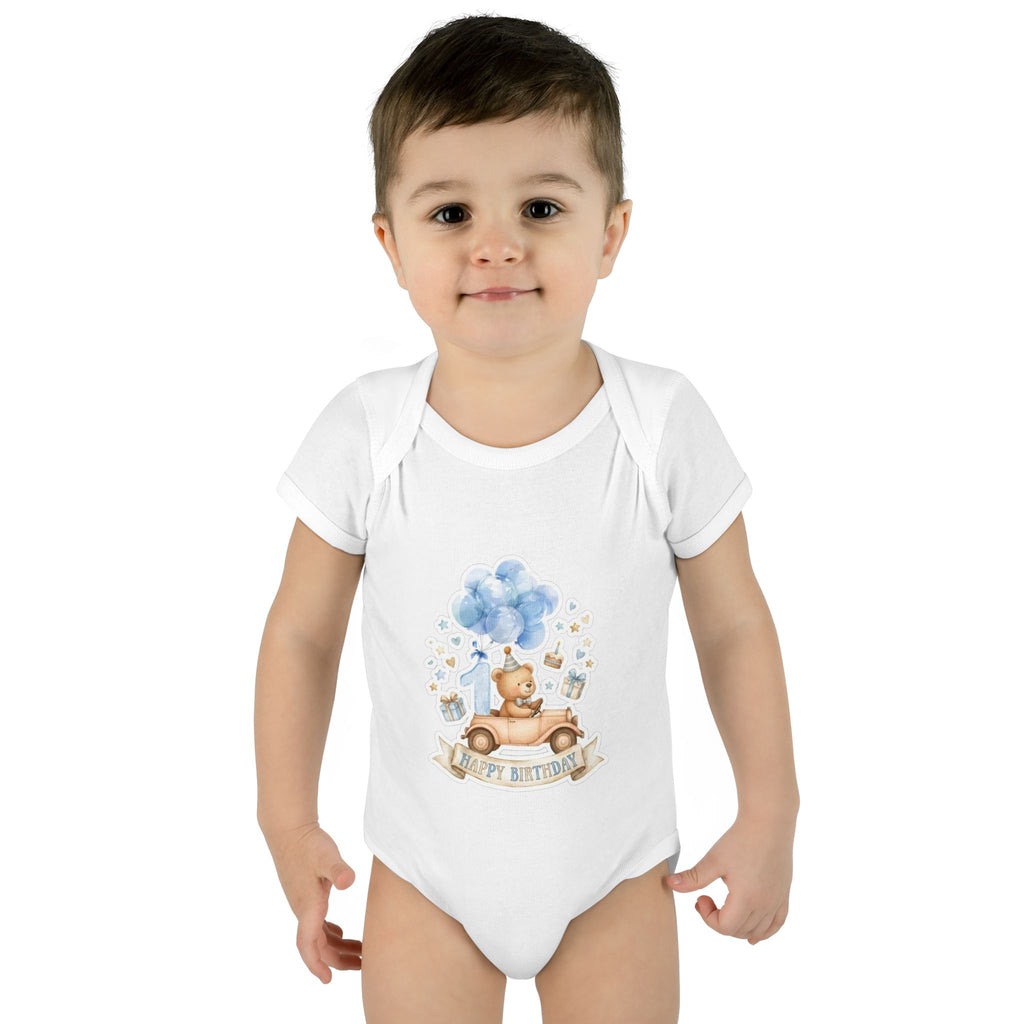 Baby Bodysuit - Blue Teddy Bear with Balloons "Happy Birthday" Infant Onesie