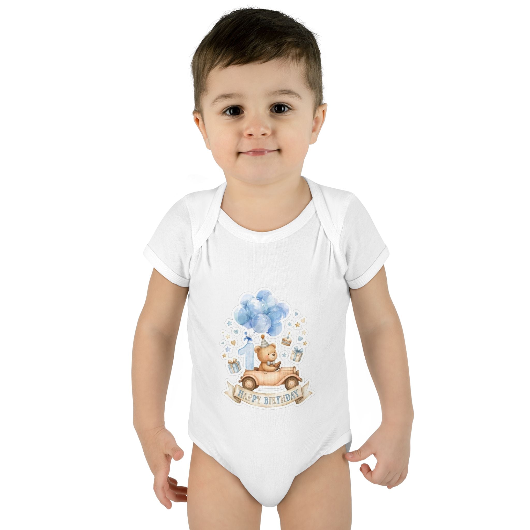 Baby Bodysuit - Blue Teddy Bear with Balloons "Happy Birthday" Infant Onesie