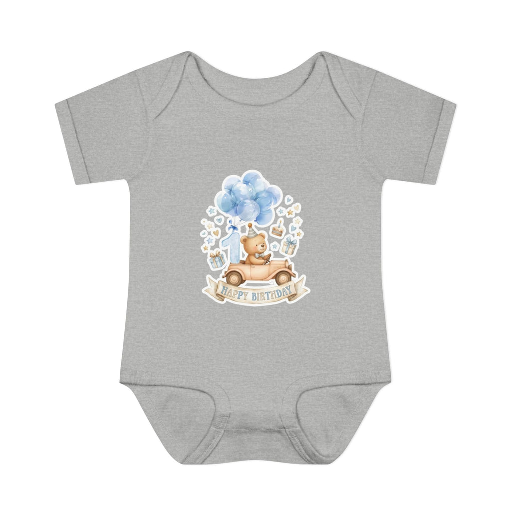 Baby Bodysuit - Blue Teddy Bear with Balloons "Happy Birthday" Infant Onesie