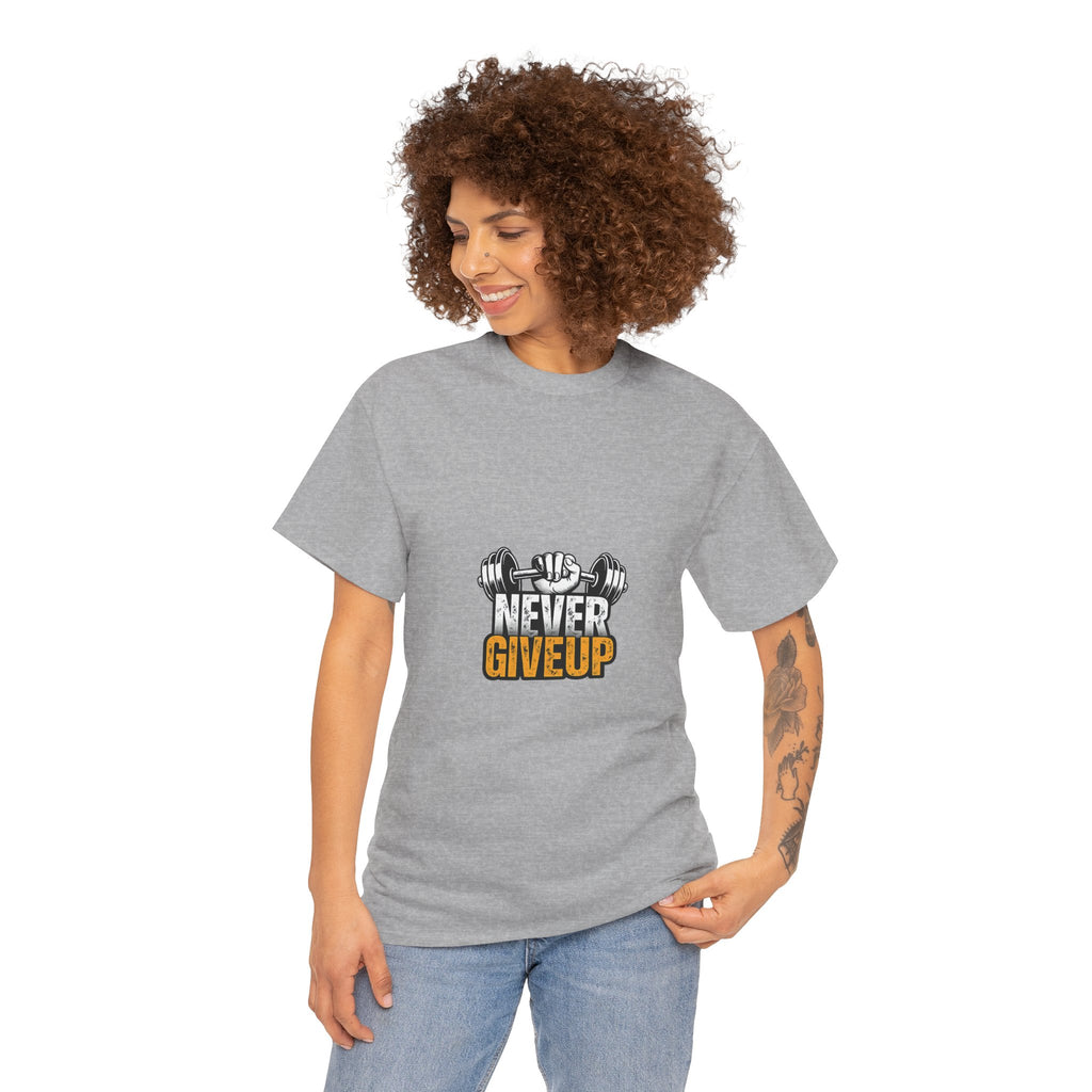 Never Give Up Fitness T-Shirt — Motivational Gym Tee with Dumbbell Graphic