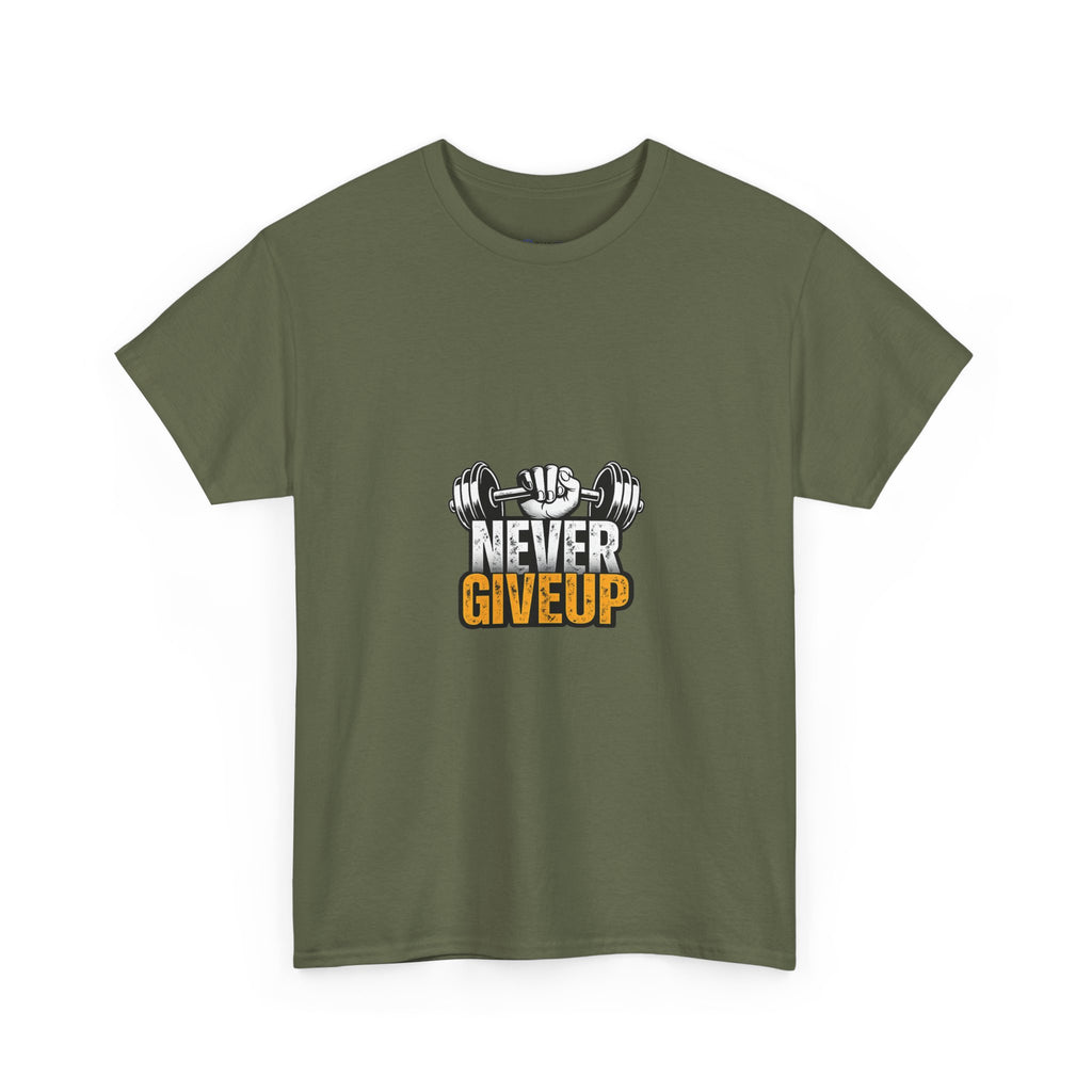 Never Give Up Fitness T-Shirt — Motivational Gym Tee with Dumbbell Graphic