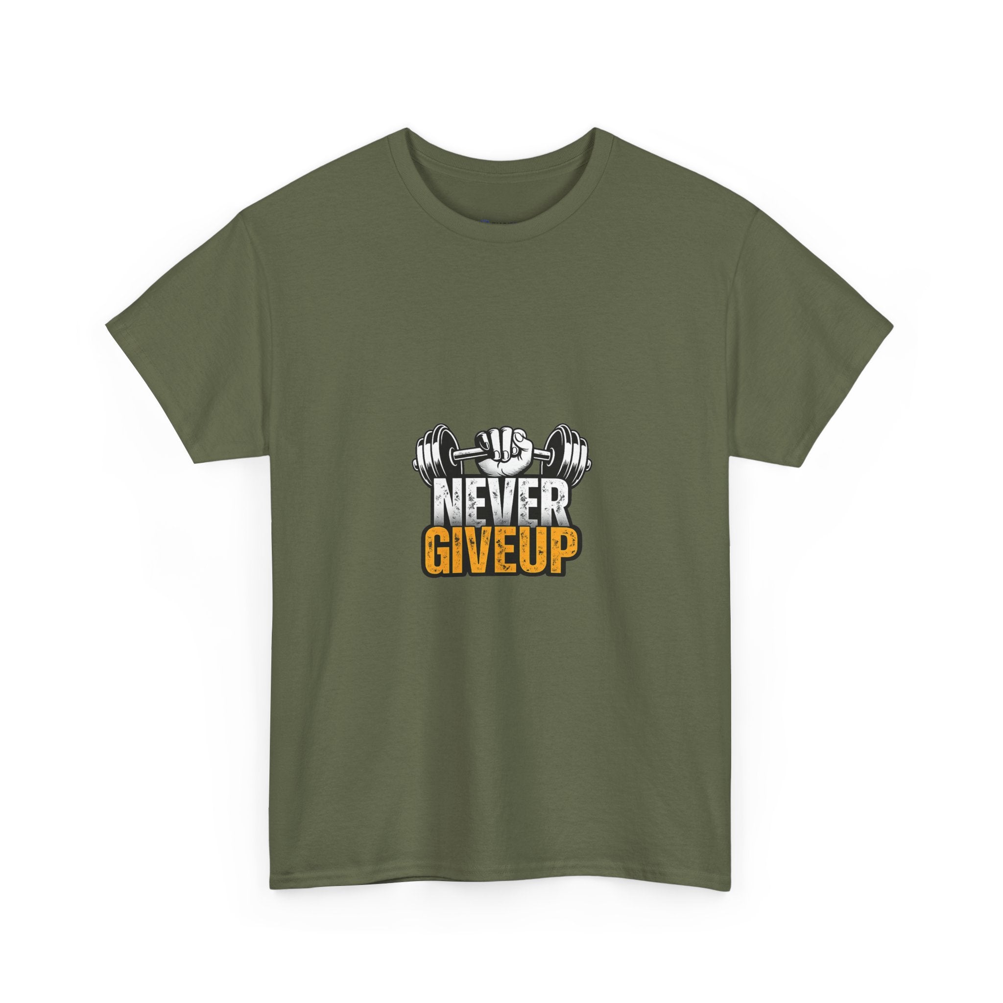 Never Give Up Fitness T-Shirt — Motivational Gym Tee with Dumbbell Graphic