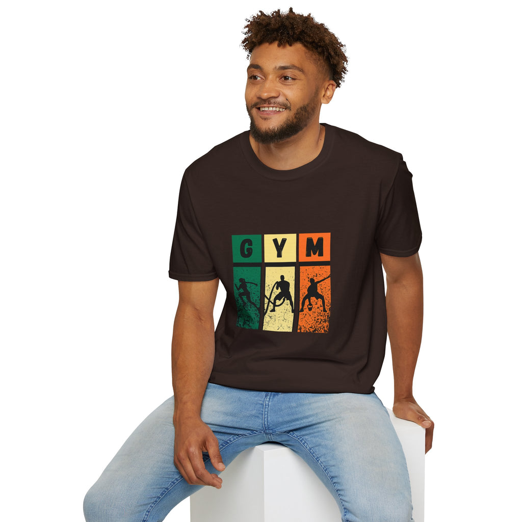 Gym Retro Blocks T‑Shirt — Vintage Fitness Silhouette Tee