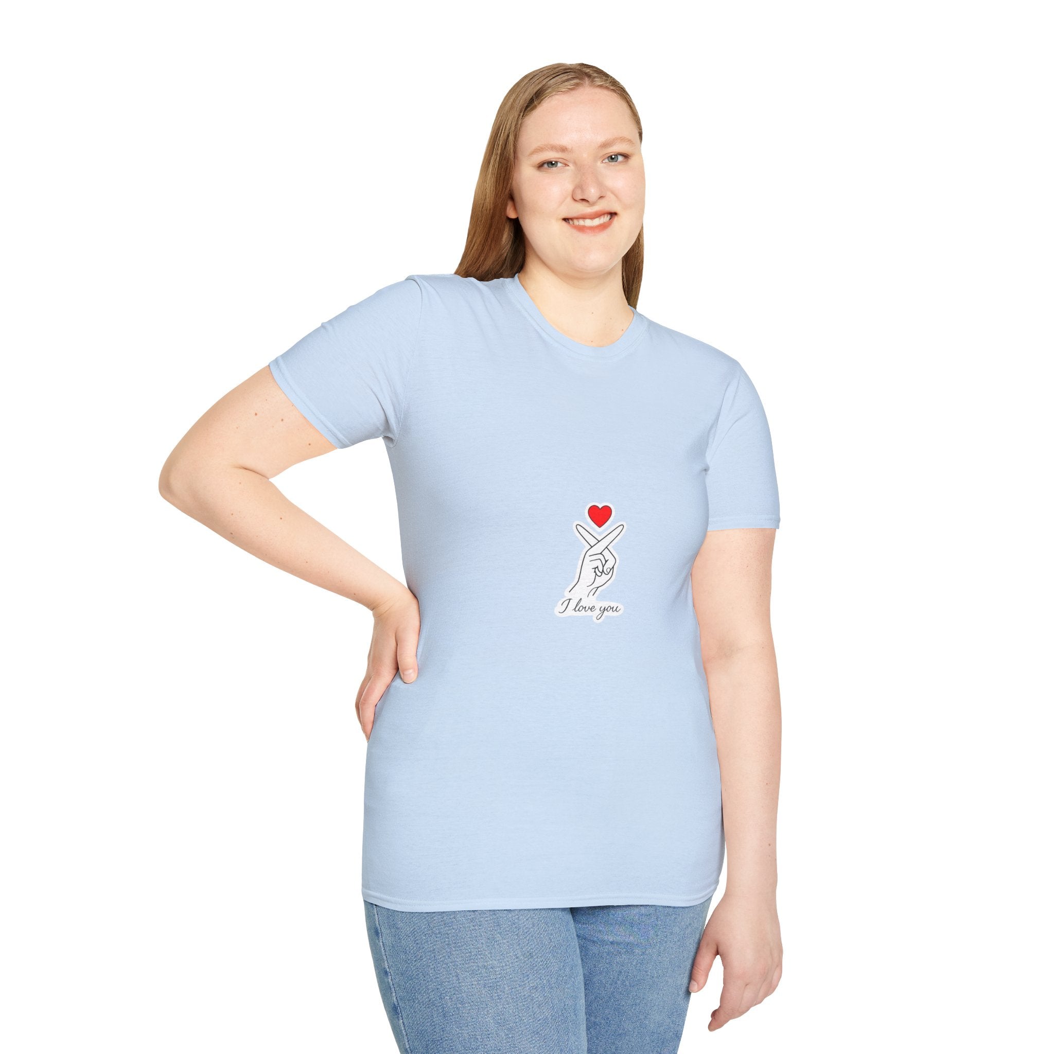 T-Shirt — Minimal Korean Finger Heart Design with 'I Love You' Pocket Graphic
