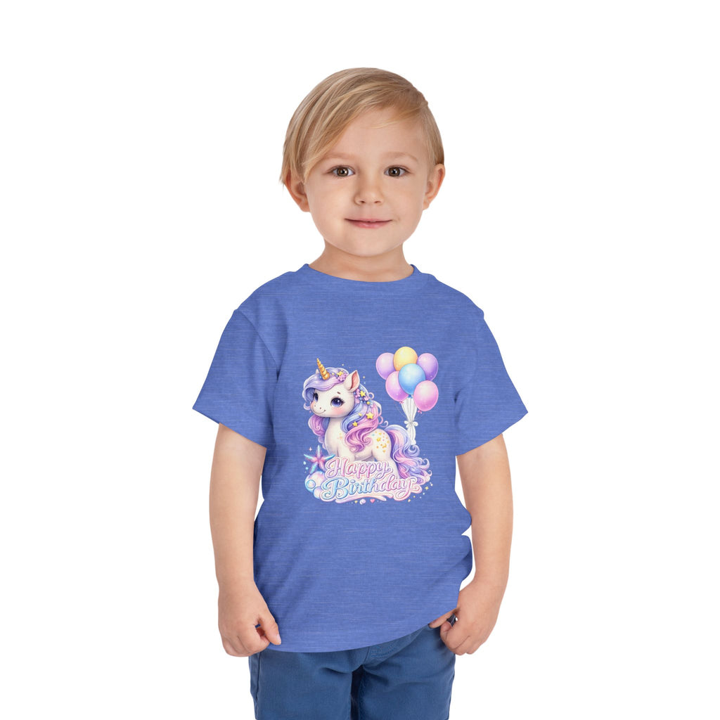 Toddler Tee — Pastel Unicorn "Happy Birthday" Shirt with Balloons