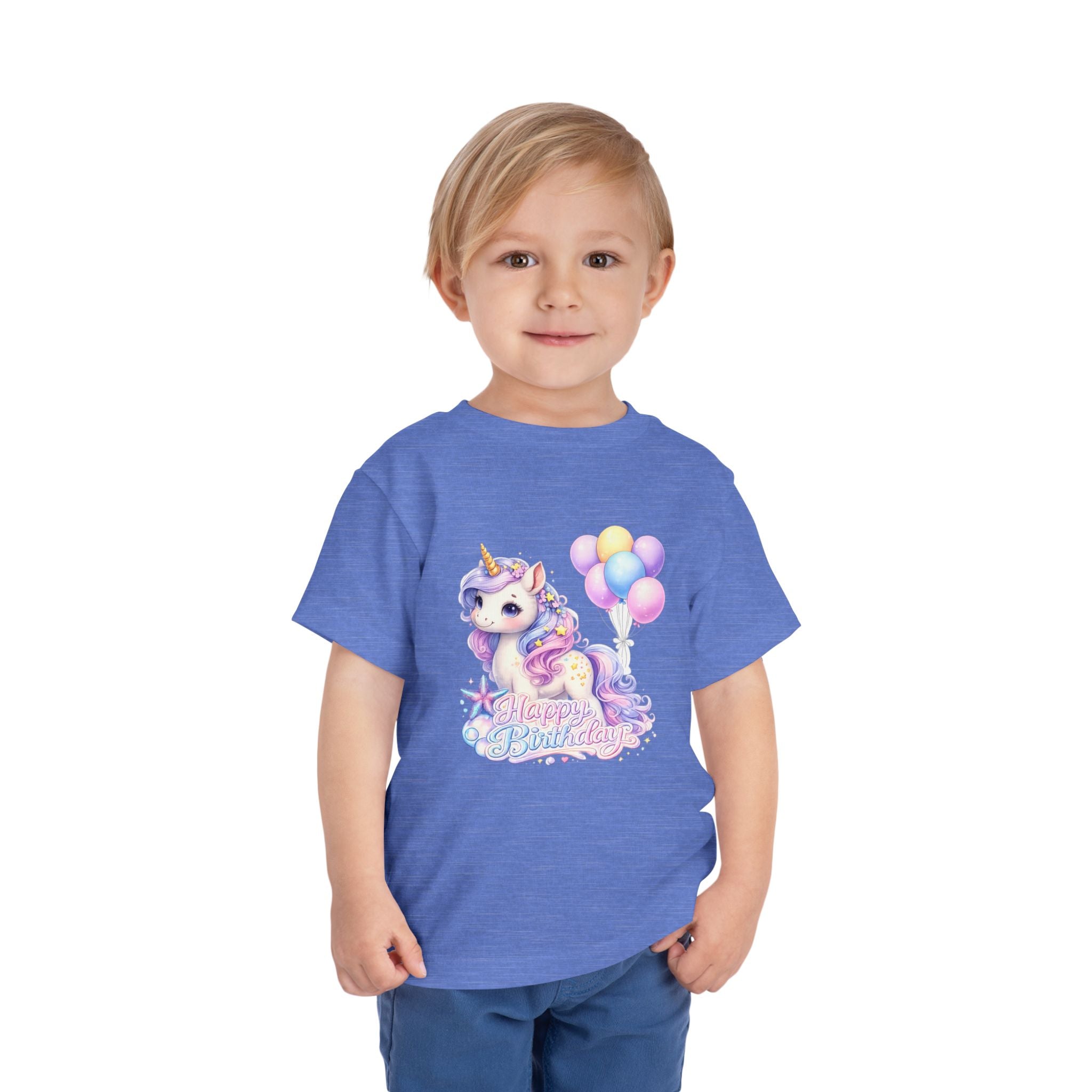 Toddler Tee — Pastel Unicorn "Happy Birthday" Shirt with Balloons