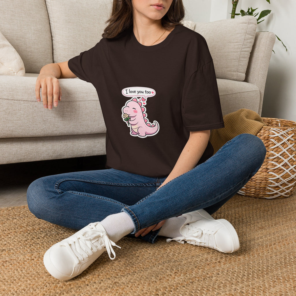 Cute Pink Dino T‑Shirt — "I love you too" Valentine Tee