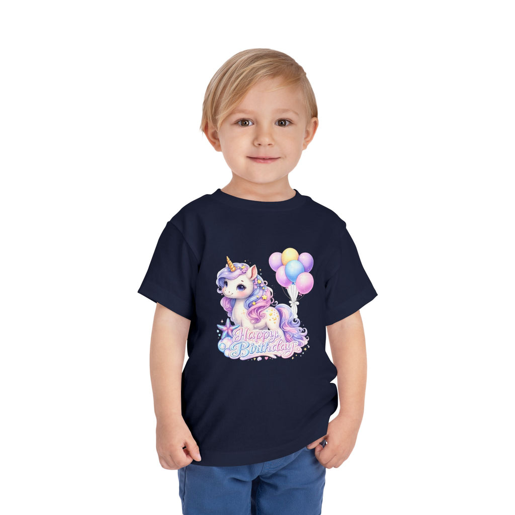 Toddler Tee — Pastel Unicorn "Happy Birthday" Shirt with Balloons