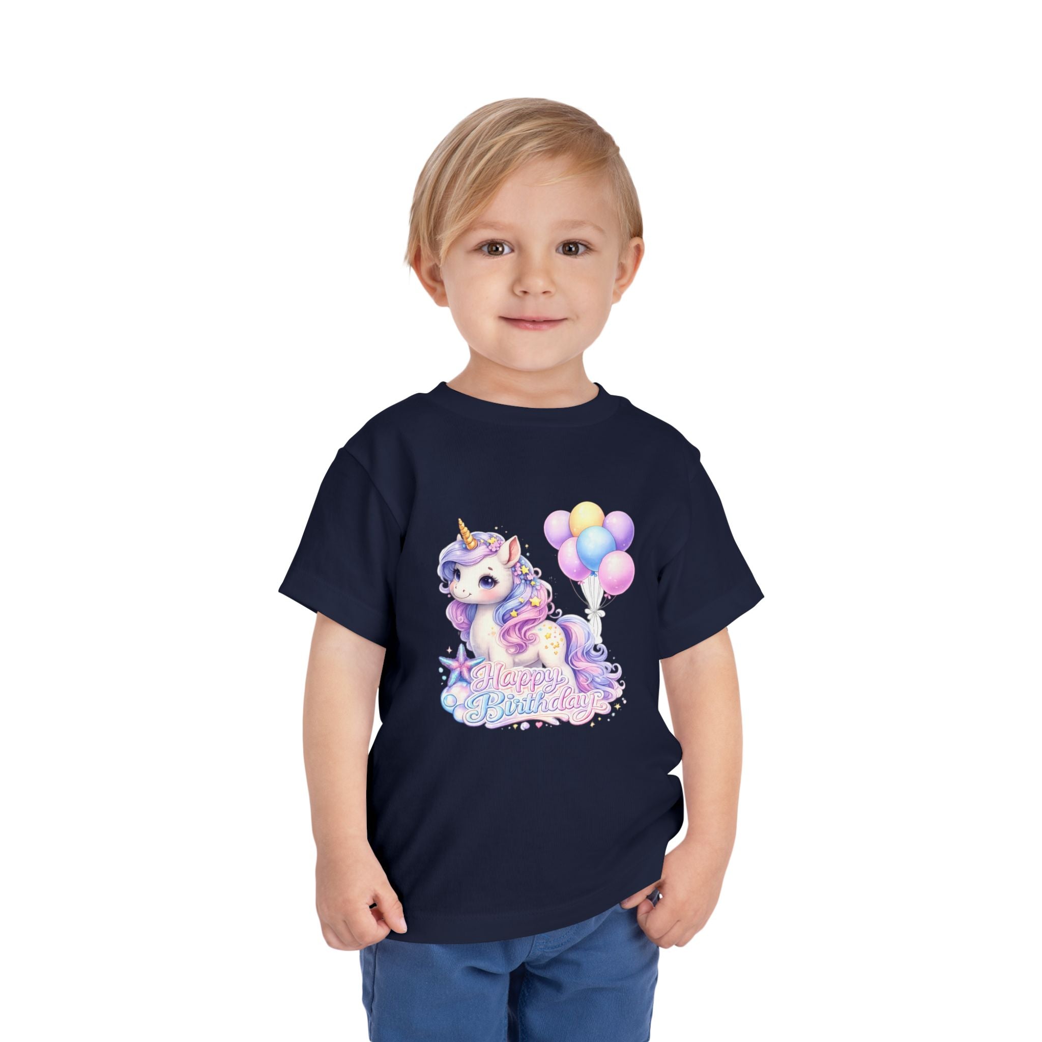 Toddler Tee — Pastel Unicorn "Happy Birthday" Shirt with Balloons